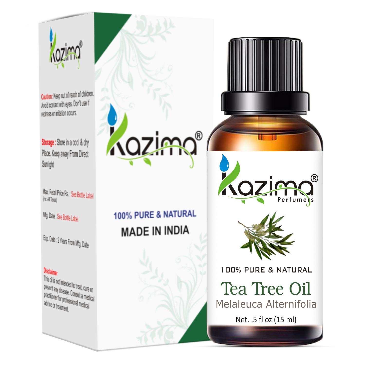 KAZIMA Tea Tree Oil & Coconut Oil Combo - 100% Pure Natural Essential Oils for Skin Moisturizing, Acne & Scar Treatment, Dandruff Control - 15ml Each - Perfect for Aromatherapy, Hair Care & DIY Beauty Recipes