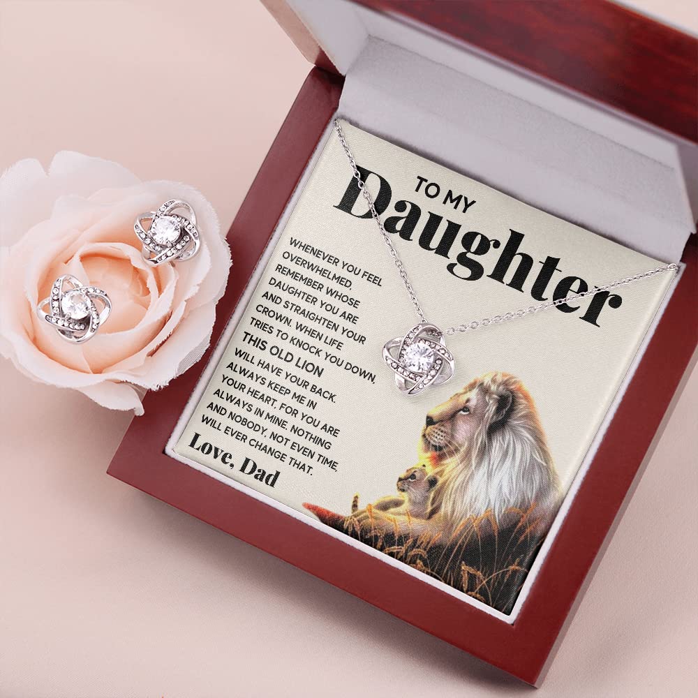 Father Daughter Necklace - Personalized Jewelry Gift for Daughter from Dad with Message Card & LED Gift Box (Includes Earrings & Lion Crown) - Perfect for Birthday, Graduation, Christmas & Special Occasions