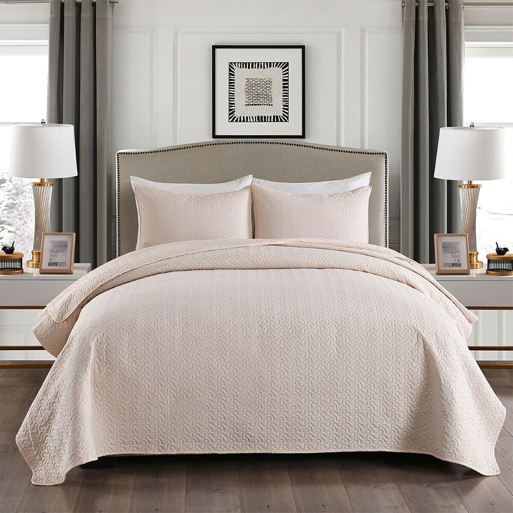 3 Piece Reversible Quilt Coverlet Set - Soft & Breathable Queen Size Bedding in Cream Coin Design - Perfect for Master Bedroom, Guest Room, or Cozy Home Decor