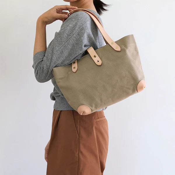 Stylish Kurashiki Hampu Canvas Tote Bag with Button Studs - Beige | Durable & Fashionable Shoulder Bag for Work, Travel & Daily Use