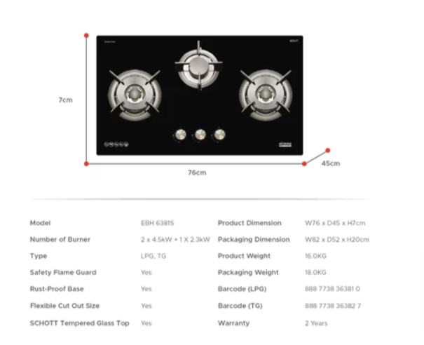 Europace EBH6381S 80cm 3-Burner Slim Gas Cooktop with Schott Glass - LPG Compatible for Modern Kitchens & Small Spaces