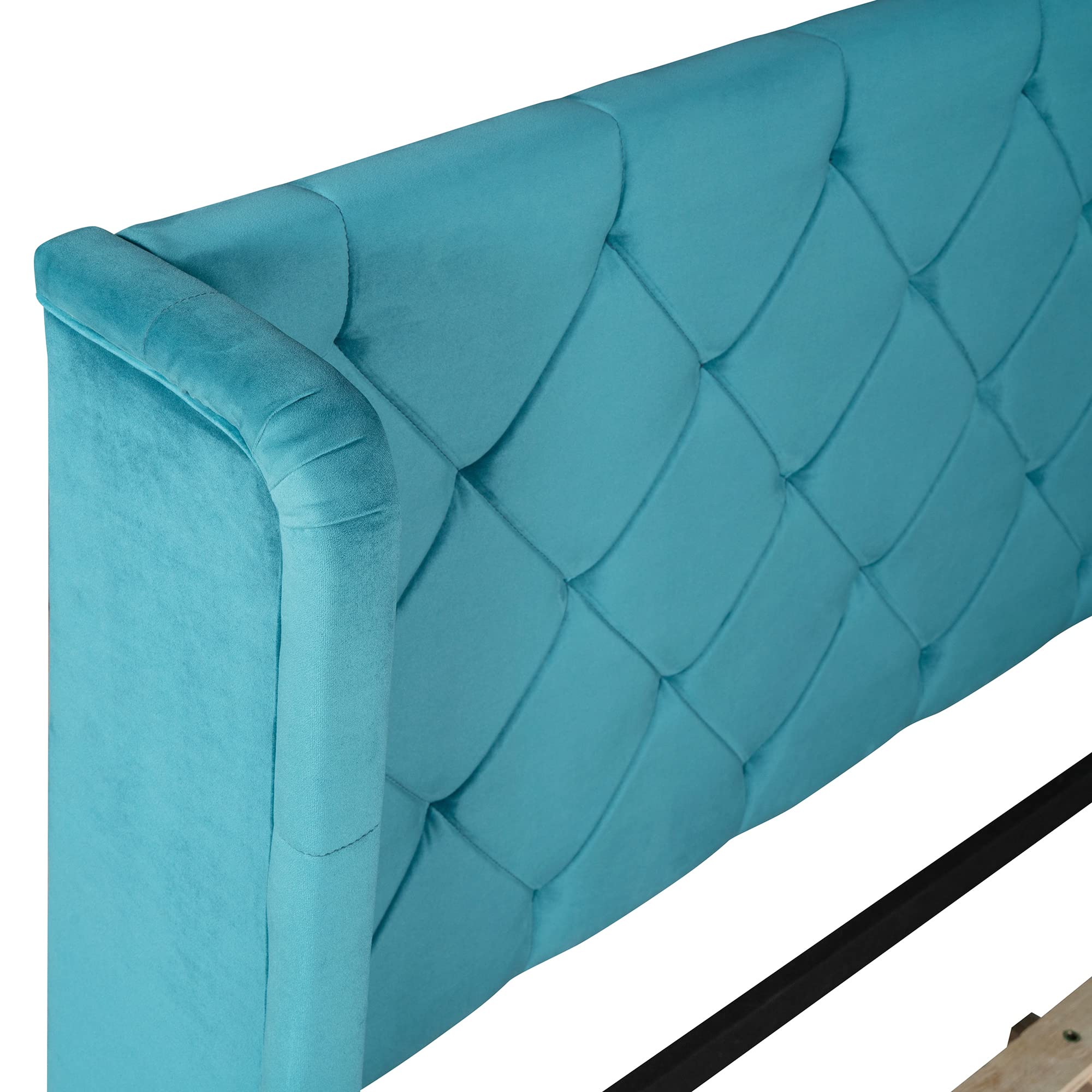 Merax Queen Size Storage Bed Frame with Drawer - Velvet Upholstered Platform Bed with Wingback Headboard & Wooden Slat Support | Blue Modern Bedroom Furniture for Small Space & Guest Room