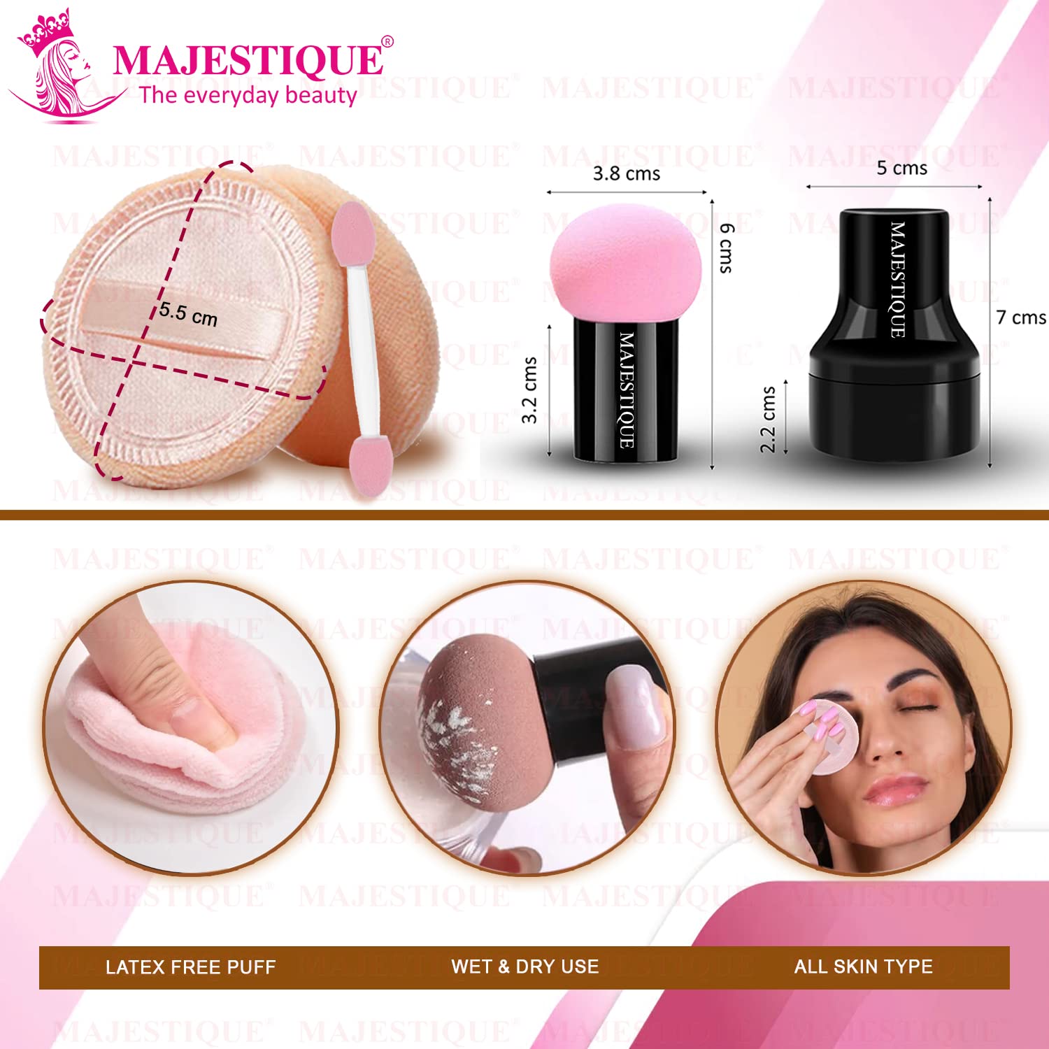 Majestique 2Pcs Makeup Sponge Set - Powder Puff & Mushroom Head Foundation Sponge with Travel Case, Dual-Use for Dry & Wet Application (Color May Vary) - Perfect for Flawless Makeup Application at Home or On-The-Go