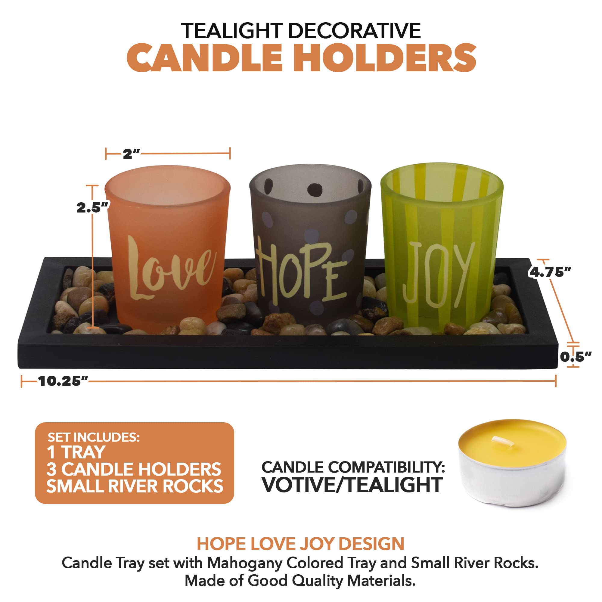 Exultimate Tealight Candle Holders Set - Elegant Mahogany Tray with River Rocks for Home Decor, Wedding Centerpieces & Romantic Ambiance