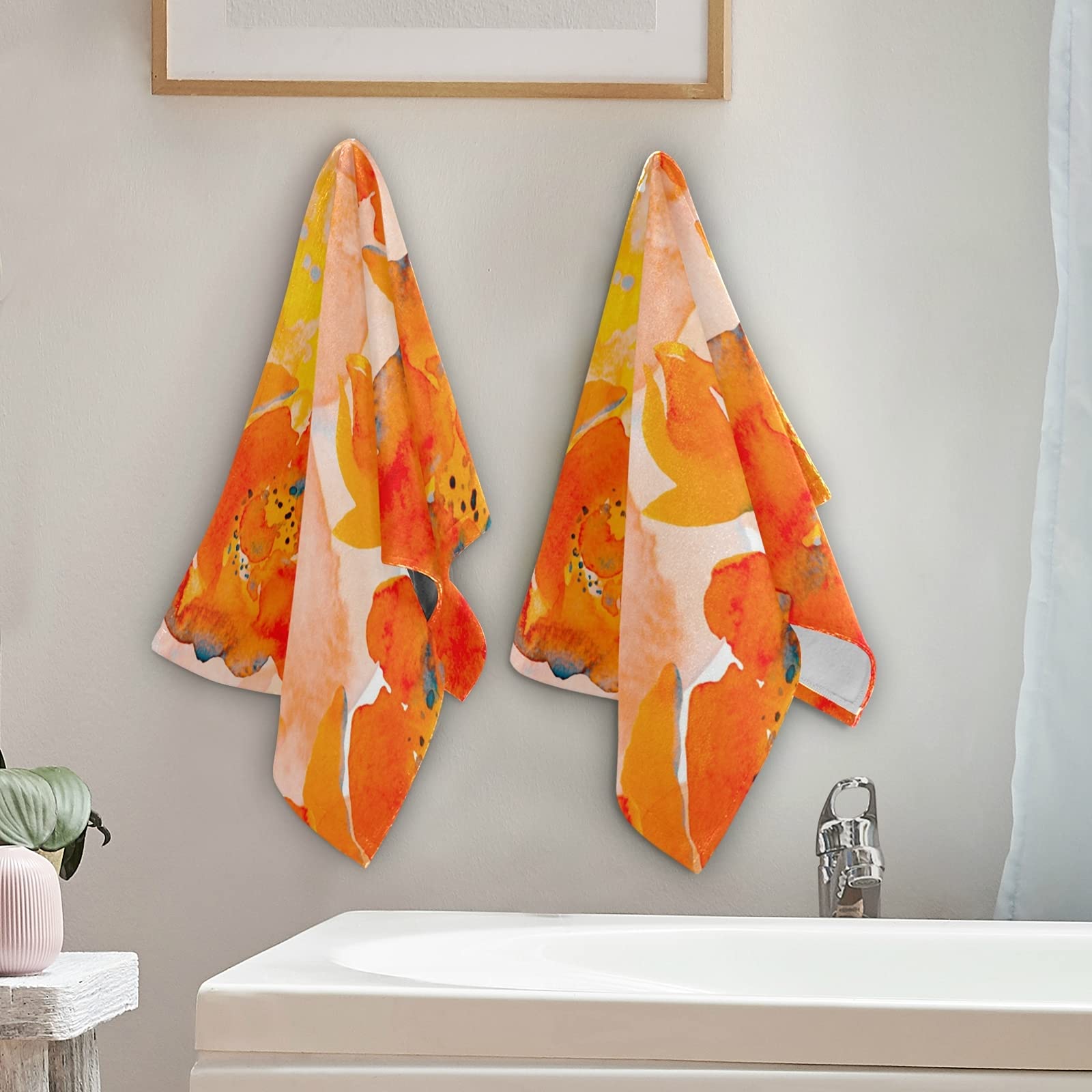 ALAZA Corn Poppy Orange Flower Hand Towel Set - 2 Pack Absorbent Soft Bath & Kitchen Towels for Bathroom, Dish Drying, Guest Use | Quick-Drying Washcloths for Hotel, Gym, Spa & Home Decor (Orange Floral Design)