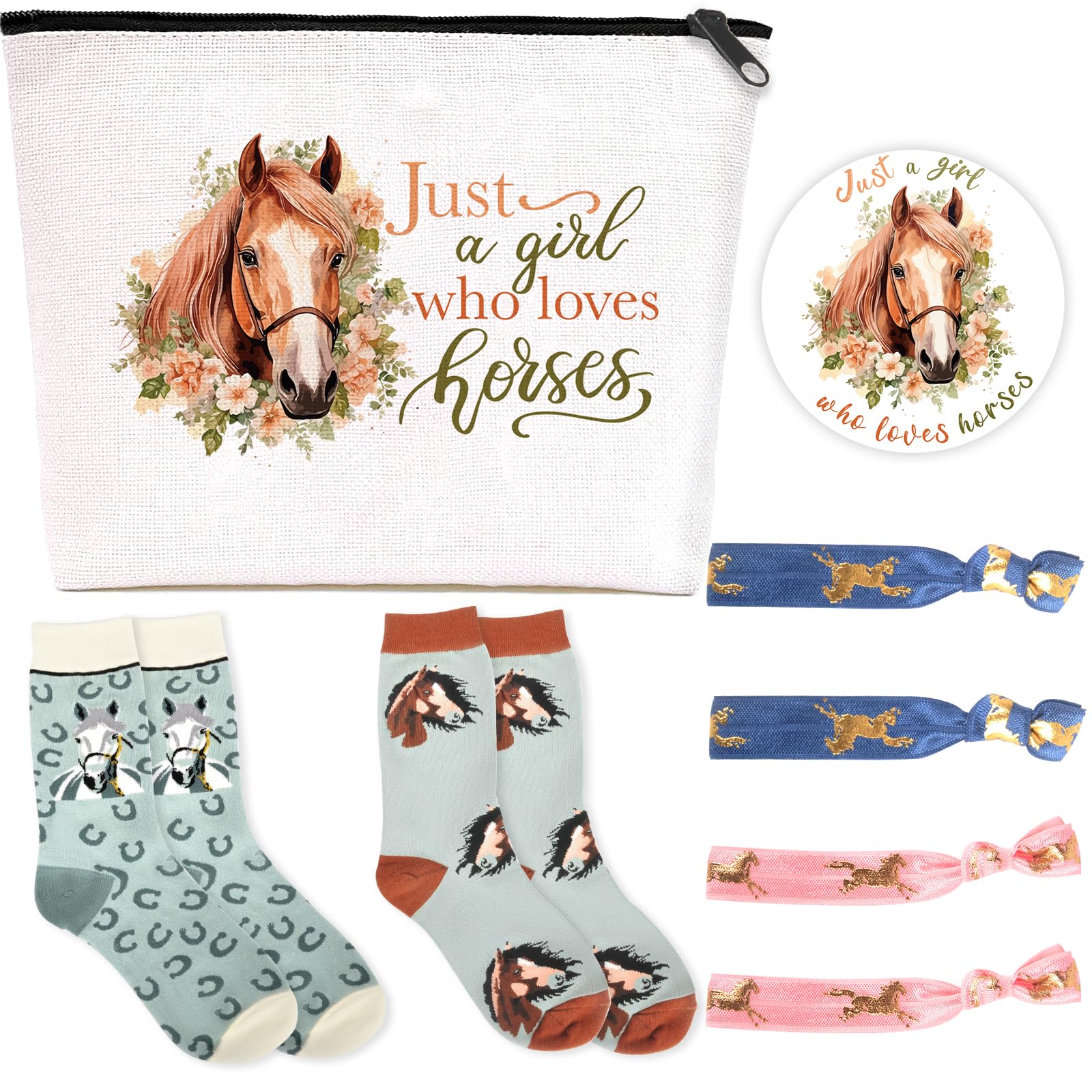 Equestrian Gifts Set - Travel Makeup Bag, Cute Horse Socks, Hair Ties & Mini Mirror - Perfect for Valentine's Day, Anniversary & Birthday Presents for Women & Girls - Great for Equestrian Enthusiasts, Horseback Riding & Farm Life Accessories