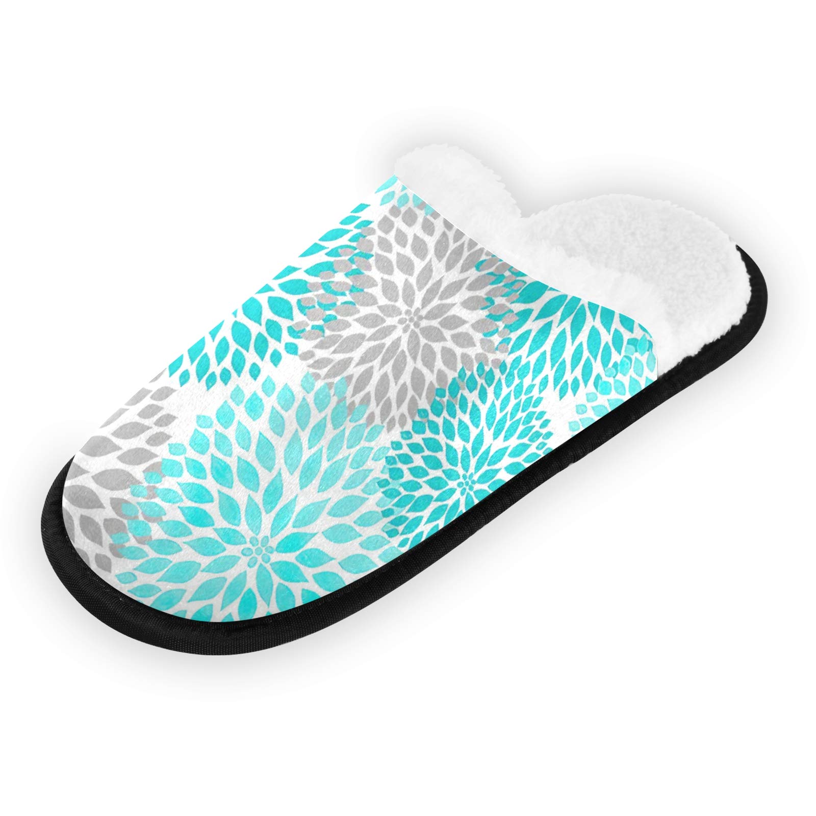 Soft Plush Travel Slippers for Women & Men - Cozy Cotton Closed Toe House Shoes for Fall Winter Spring - Blue & Grey Floral Design - Perfect for Home, Hotel, and Airplane Comfort