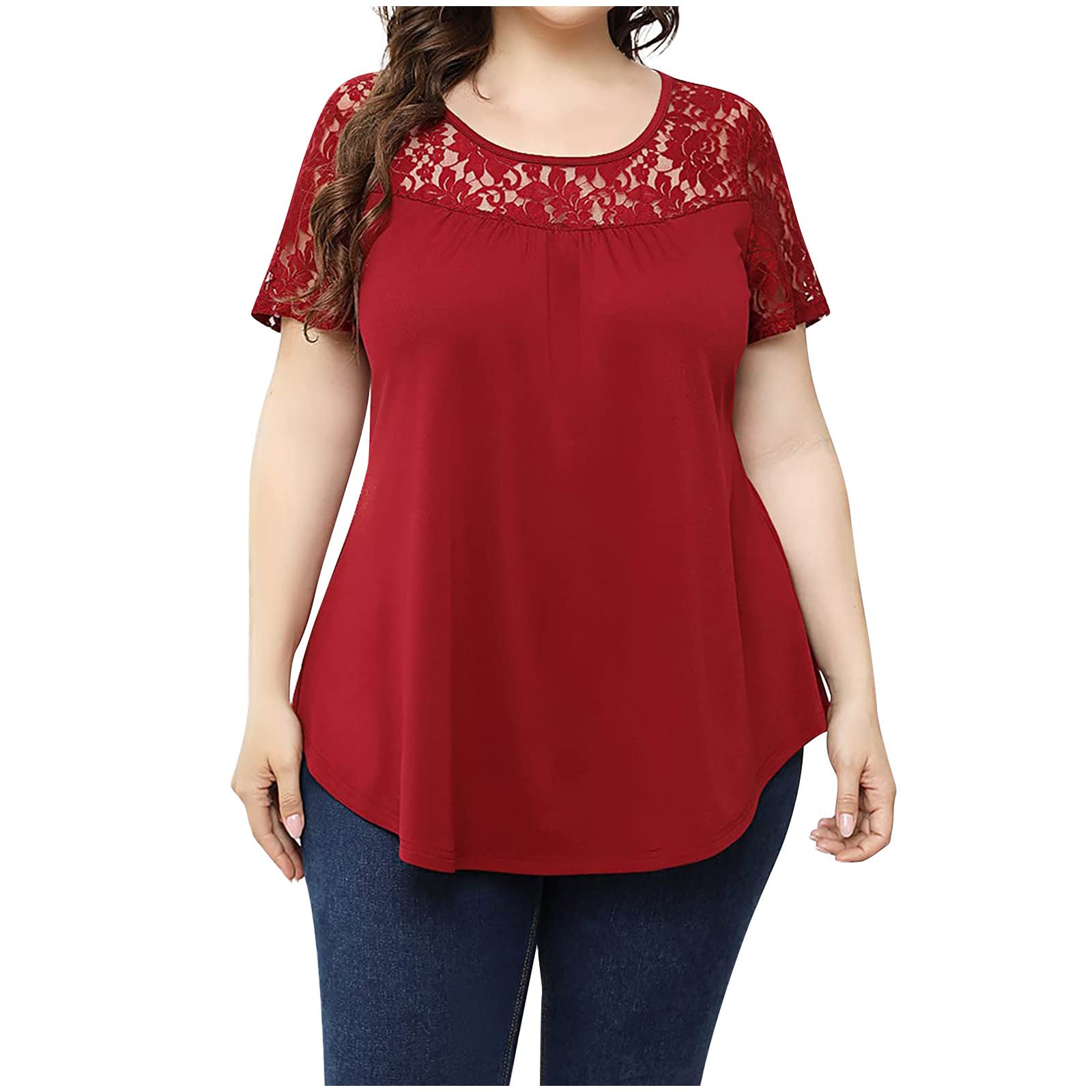 Trendy Plus Size Short Sleeve Summer Tops for Women - Lace Patchwork Swing Tunic Blouses, Casual Loose Fit & Comfortable - Perfect for Beach Outings, Vacation Wear and Everyday Casual Style