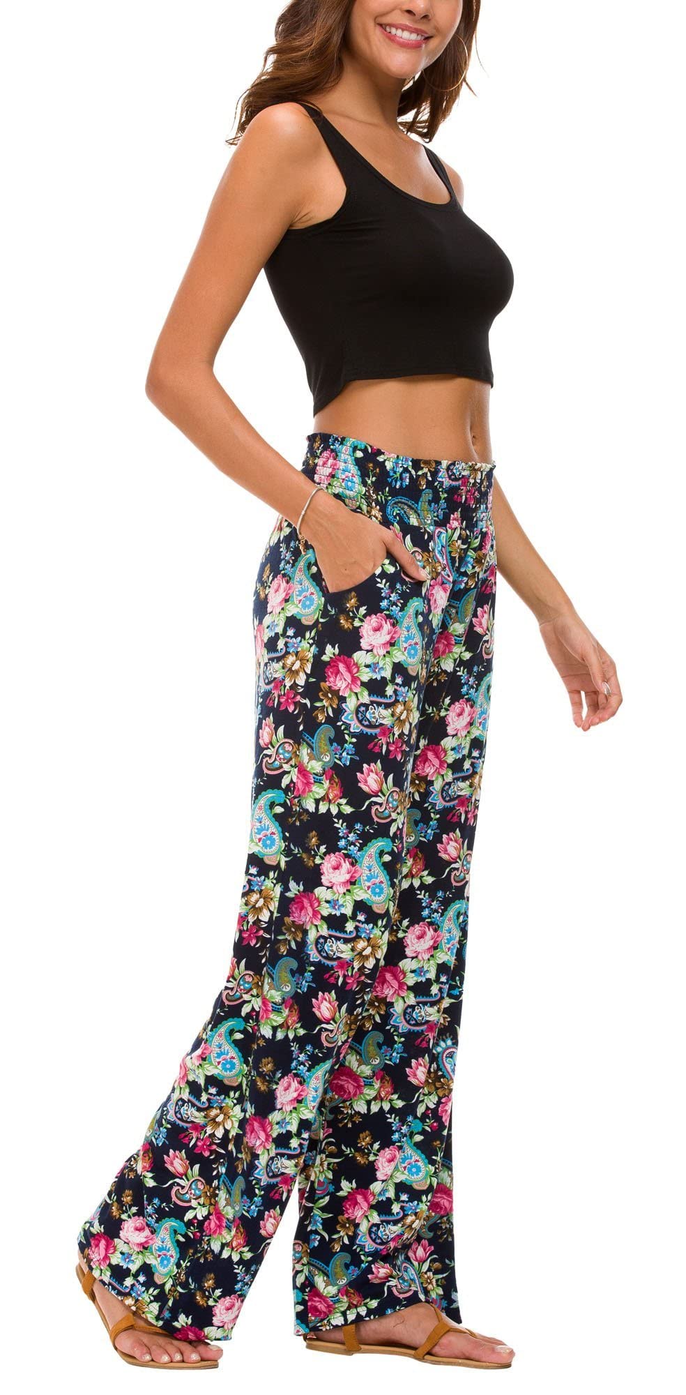 Urban CoCo Women's Boho Palazzo Pants - Wide Leg Beach Lounge Pants with Pockets - High Waisted Comfort for Summer, Travel & Yoga (Casual, Vacation, Festival Outfit)