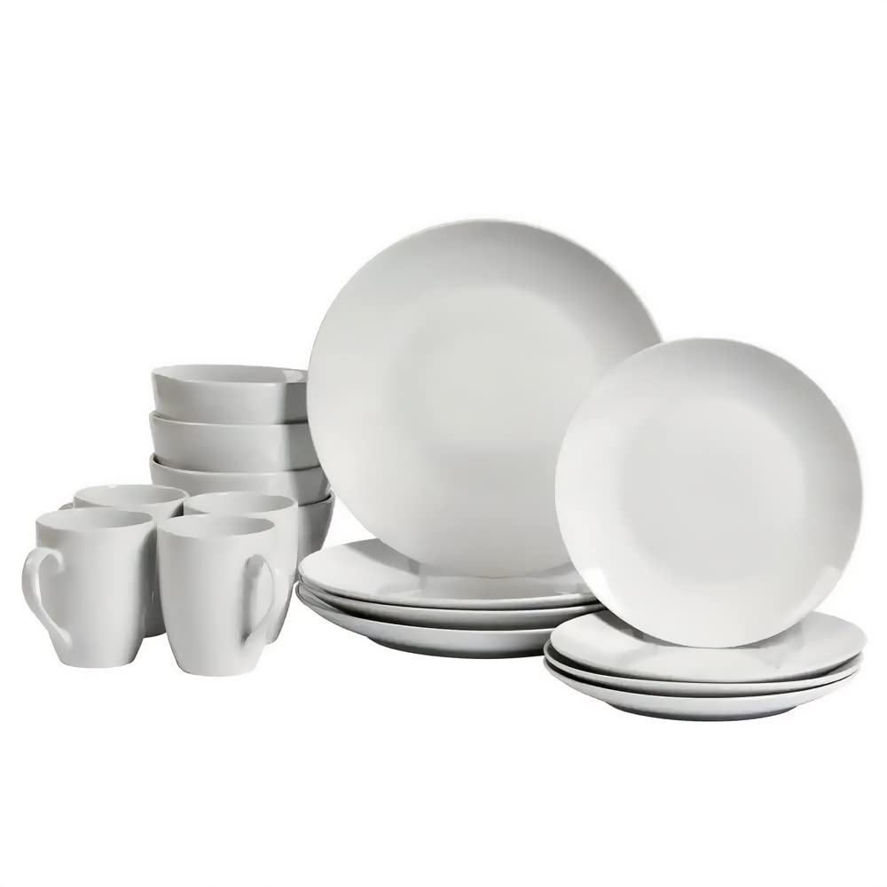 Premium White Ceramic Dinnerware Set - 16 Piece Porcelain Plates, Bowls & Mugs for Everyday Dining, Entertaining & Restaurant Use