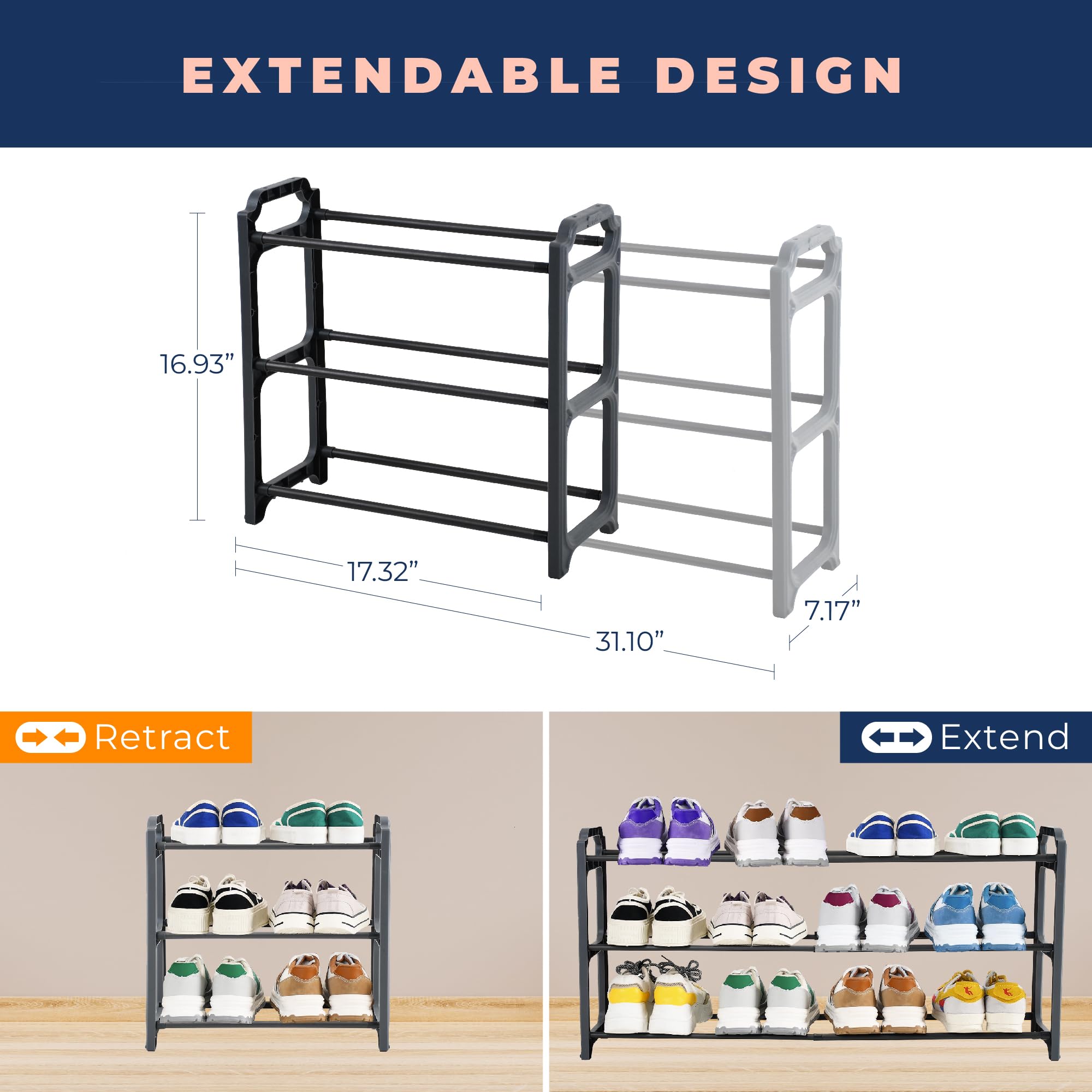 Happhom 3-Tier Expandable Shoe Organizer - Space Saving Shoe Rack for Closet, Entryway & Small Spaces - Dark Grey (CSR-01) - Perfect for Apartment, Dorm & Home Organization