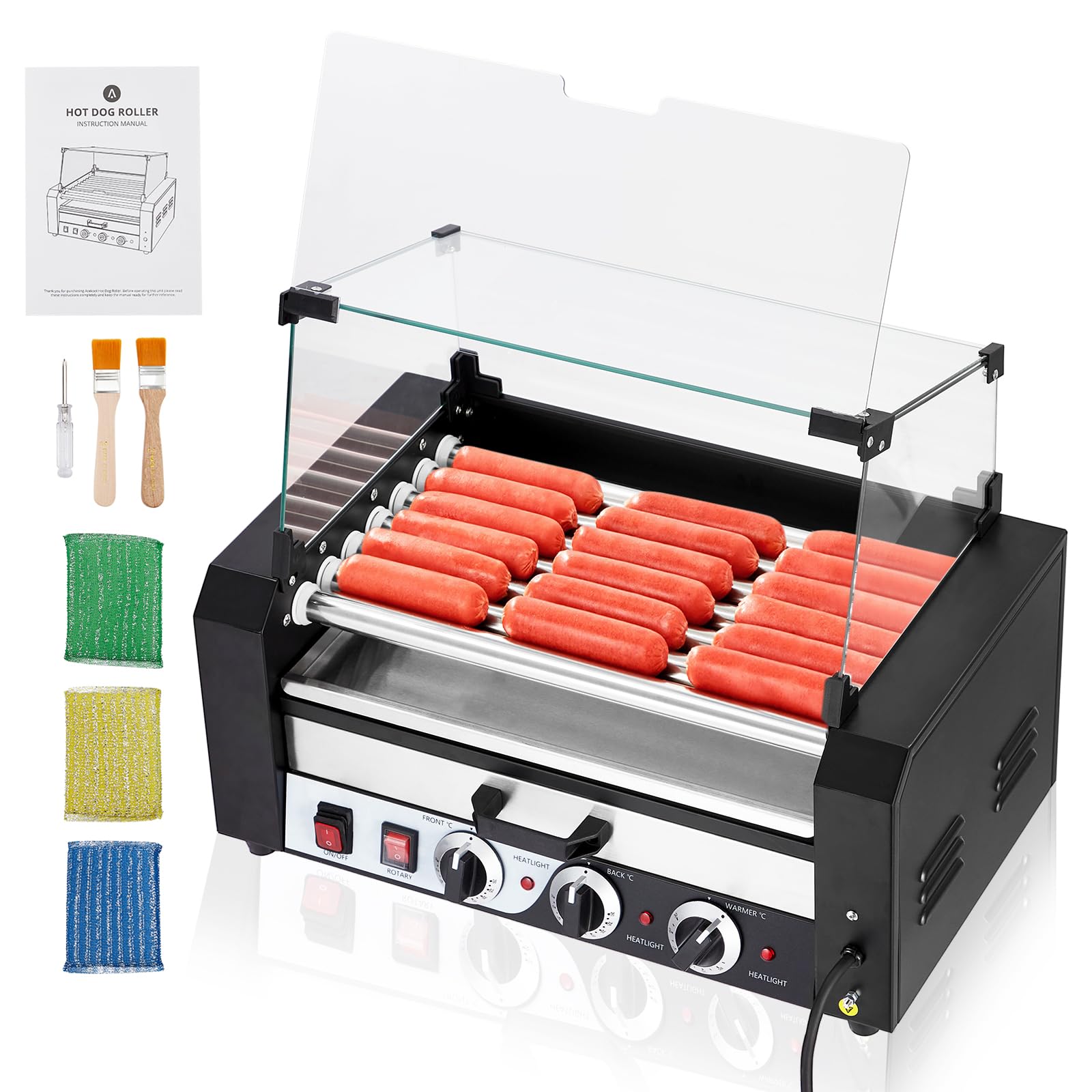 Litake 7-Roller Hot Dog Machine - 18 Hot Dogs Capacity, 1350W Stainless Steel Sausage Grill with Removable Drip Tray, Dual Temperature Control & Glass Cover - Perfect for Restaurants, Food Trucks, Carnivals, and Home Parties