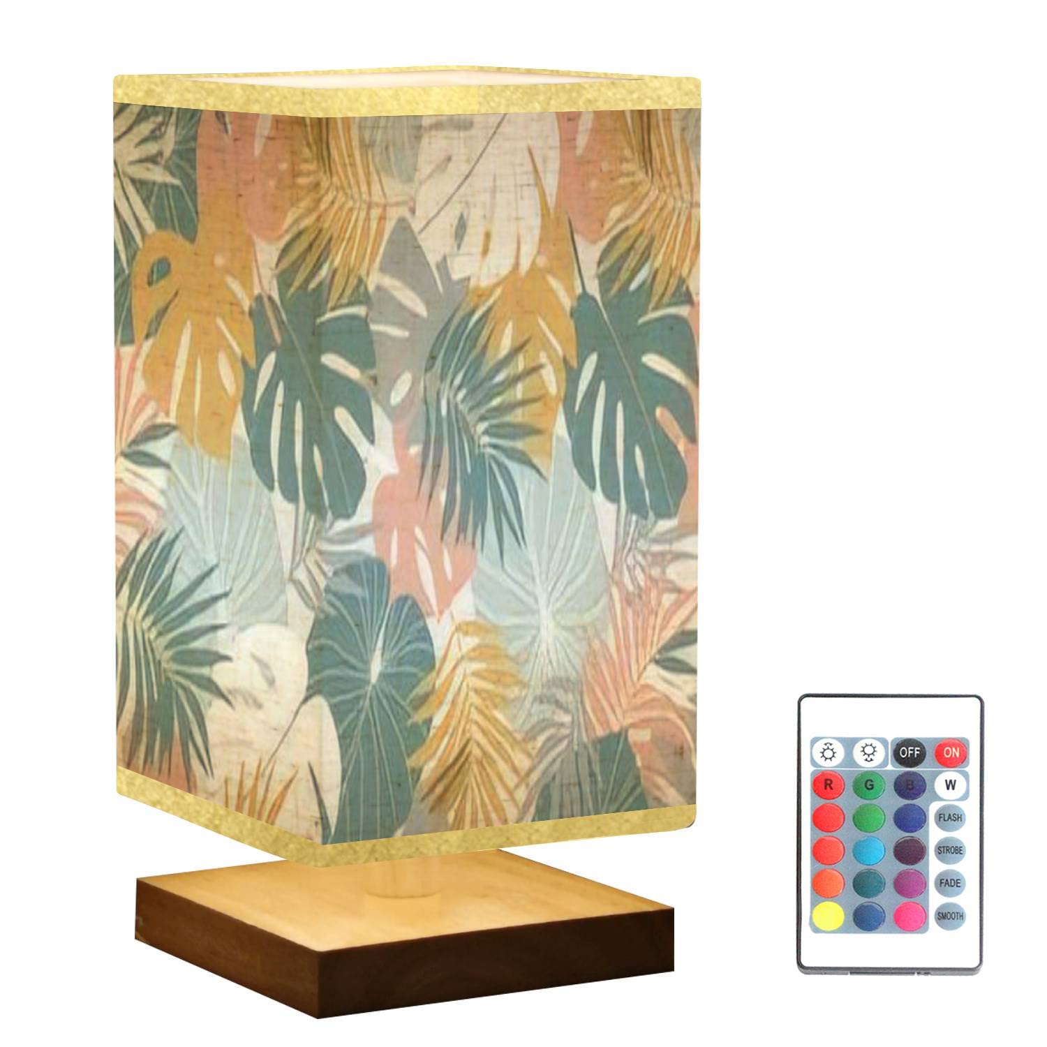 Tropical Square Bedside Table Lamp with Jungle Plants & Palm Leaves - Exotic Hawaiian Wooden Base & Flaxen Fabric Shade - Dimmable Nightstand Lamp for Bedroom, Living Room, Office - Perfect for Relaxing, Reading & Creating Cozy Ambiance