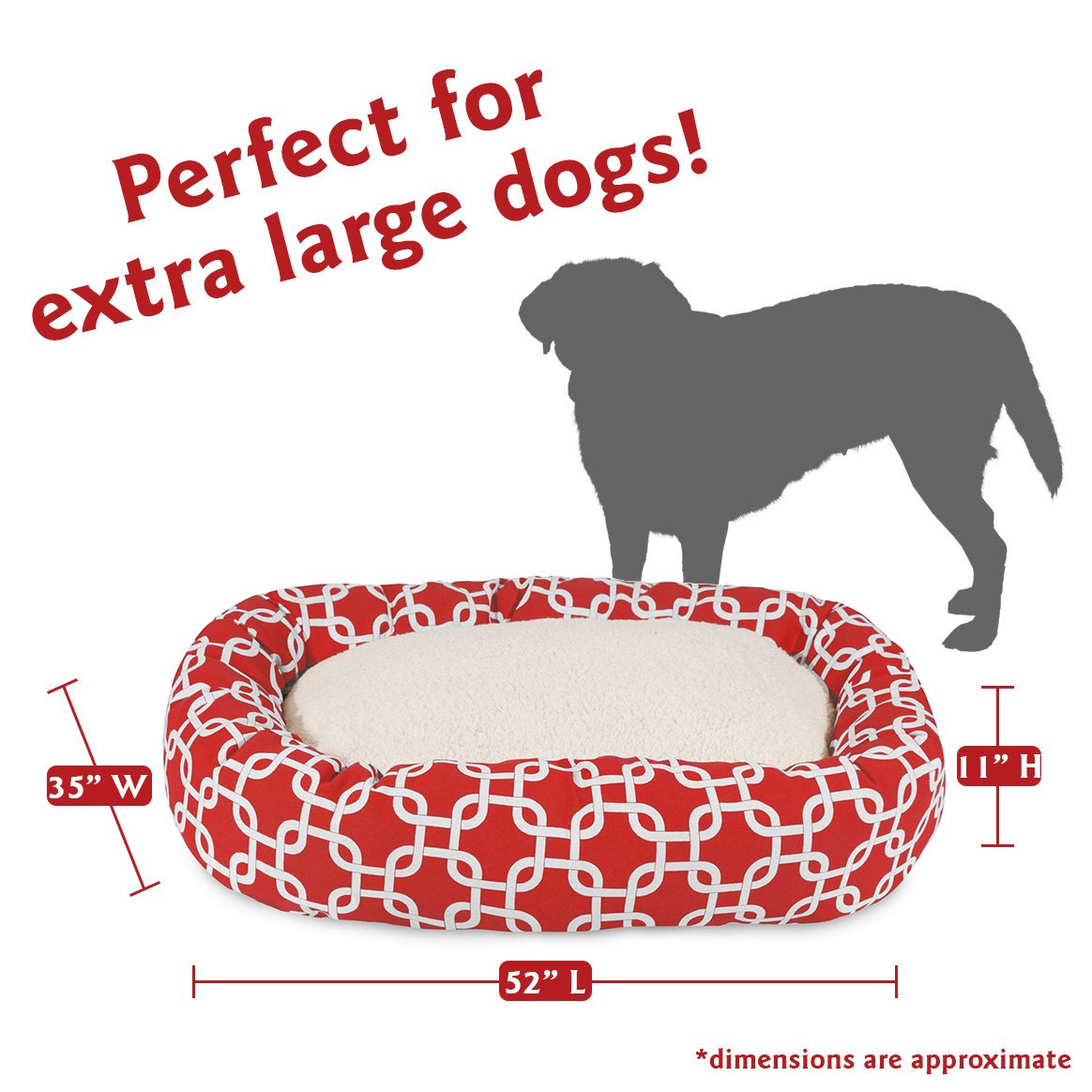 Majestic Pet 52 Inch Large Round Sherpa Calming Dog Bed - Washable, Ultra Soft & Cozy Donut Design with Head Support Spine - Fluffy Orthopedic Pet Bed for Medium to Large Dogs (52x35x11 Inches, Red) - Perfect for Living Room, Bedroom or Crate Comfort