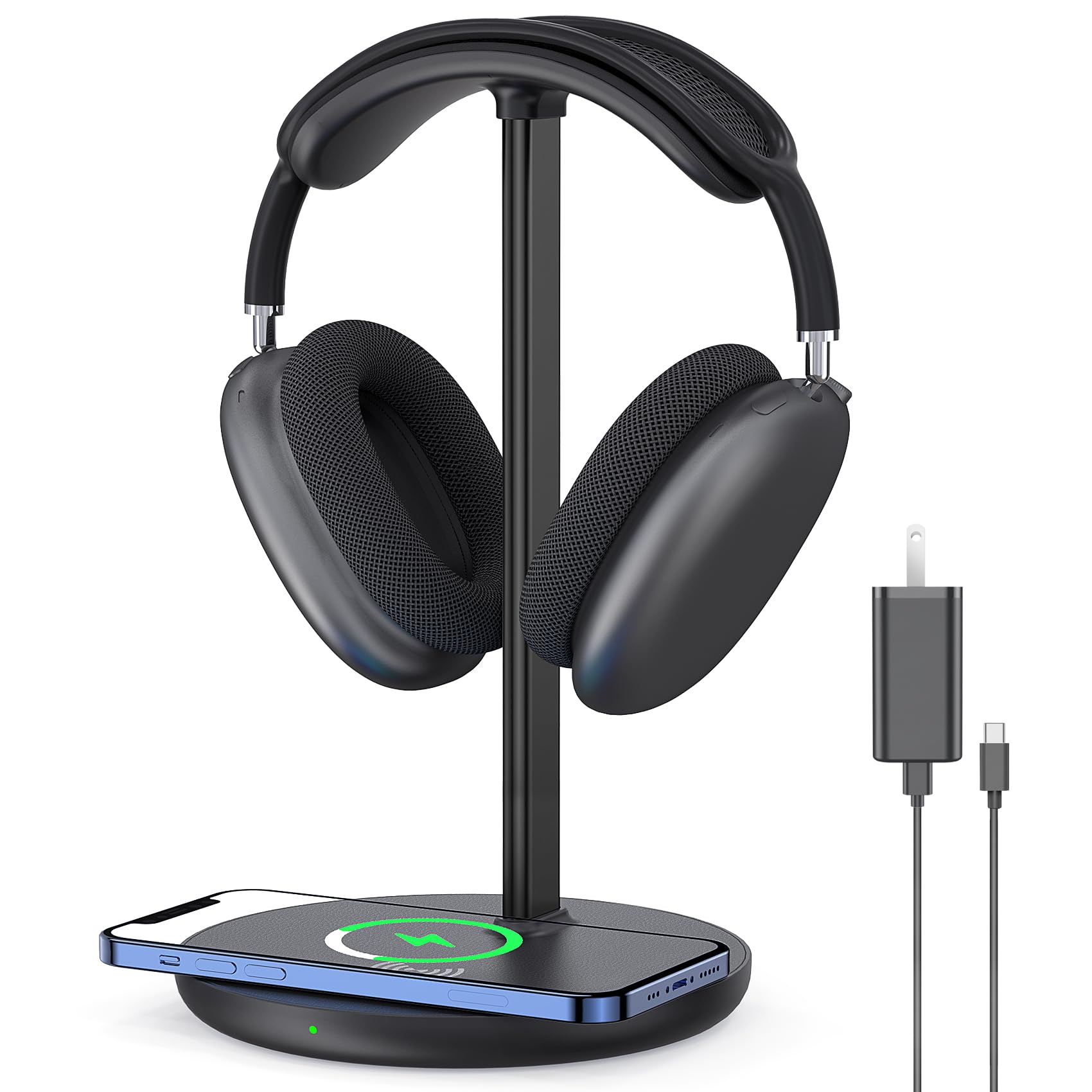 2-in-1 Wireless Charging Headphone Stand - Compatible with iPhone 15/14/13/12/11, Samsung, AirPods Pro/3/2 & All Gaming Headsets | Desktop Organizer with Fast Charging Dock for Office, Gaming Setup & Home Decor (Black)