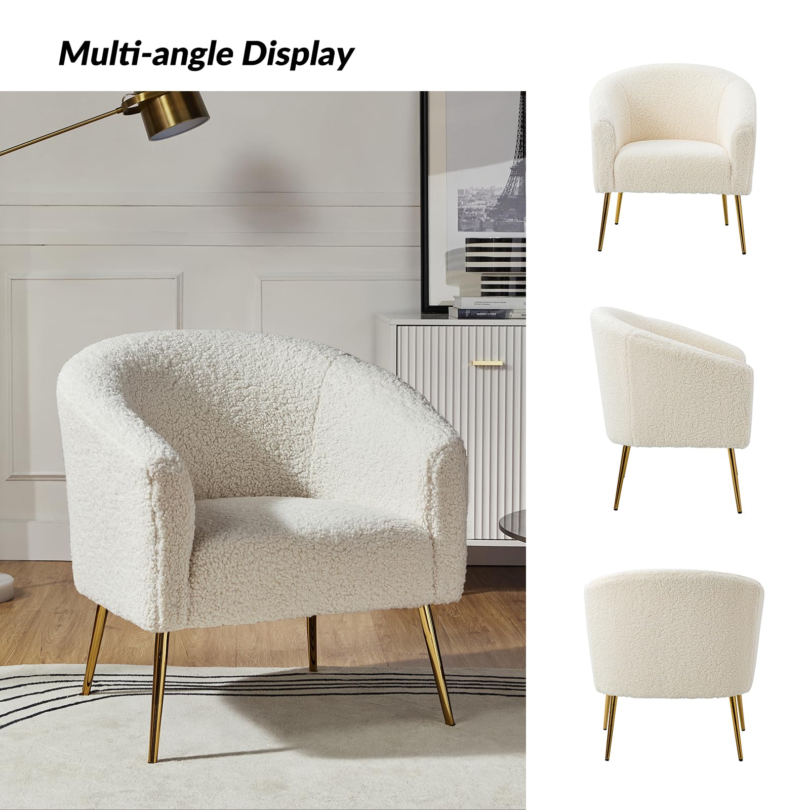 HULALA HOME Modern Upholstered Accent Chair with Golden Metal Legs & Armrest - Ivory Living Room, Bedroom, Home Office & Waiting Room Chair - Perfect for Reading Nook, Vanity Dressing & Guest Seating