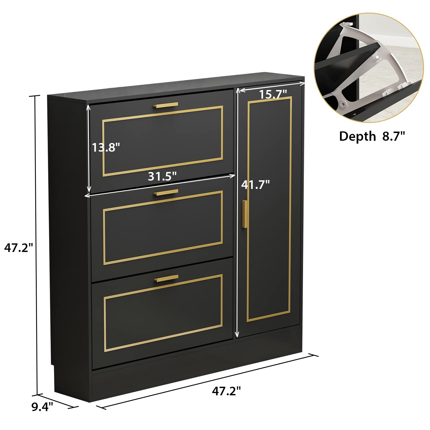 FUFU&GAGA 3-Drawer Shoe Cabinet with Storage Shelf - Modern Entryway Shoe Organizer, Freestanding Shoe Rack for Hallway (Black, 47.2”W x 9.5”D x 47.2”H) - Perfect for Small Spaces & Apartment Living