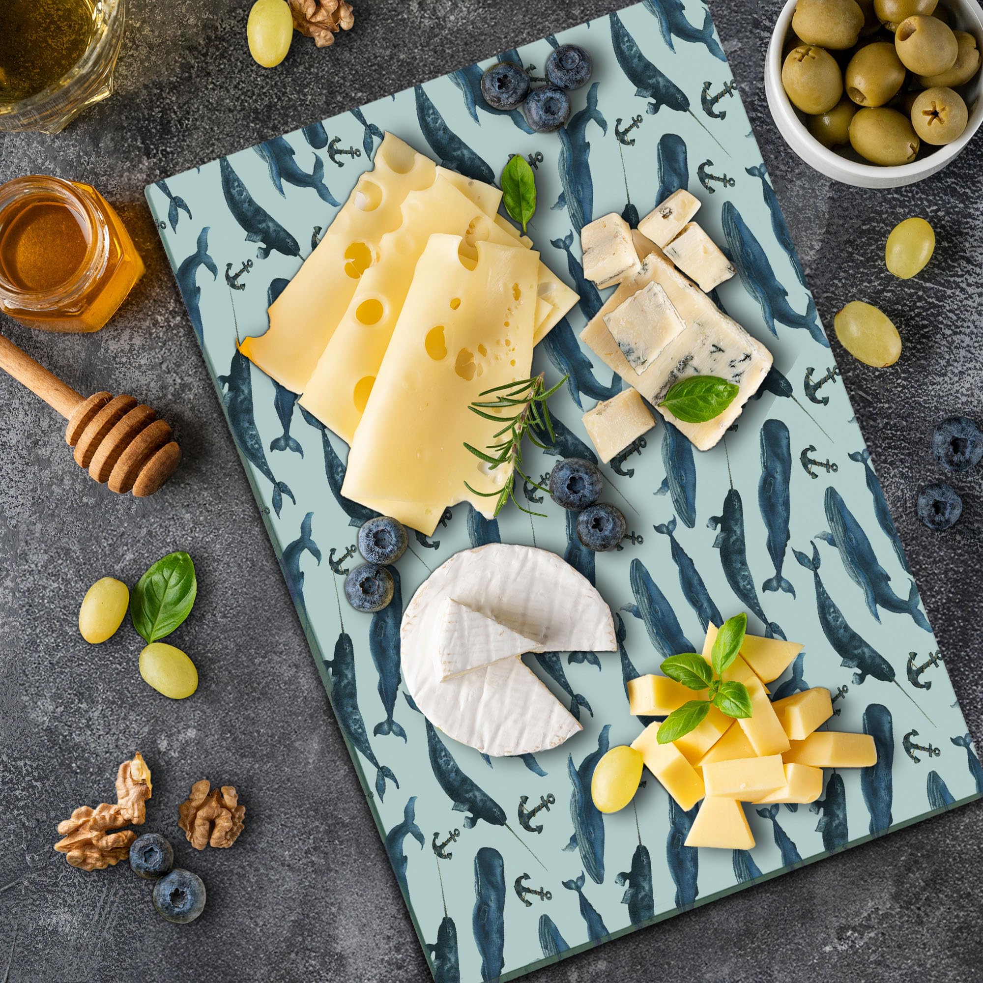 Ambesonne Narwhal Tempered Glass Cutting Board - Aquarelle Whales with Anchors Marine Biology Design - Large Dark Blue Navy Blue Decorative Serving Board for Kitchen, Charcuterie, Cheese Platter & Home Decor