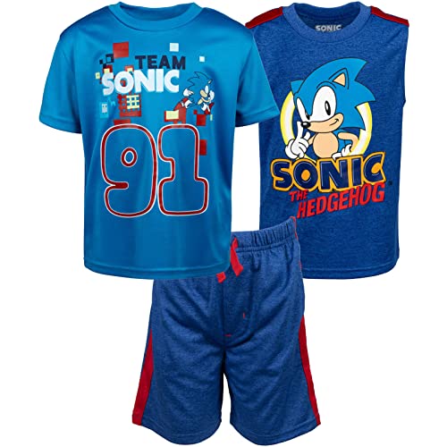 SEGA Sonic The Hedgehog 3-Piece Outfit Set for Men - Cotton T-Shirt, Tank Top & Shorts - Cool Gaming Apparel for Casual Wear, Cosplay & Video Game Fans