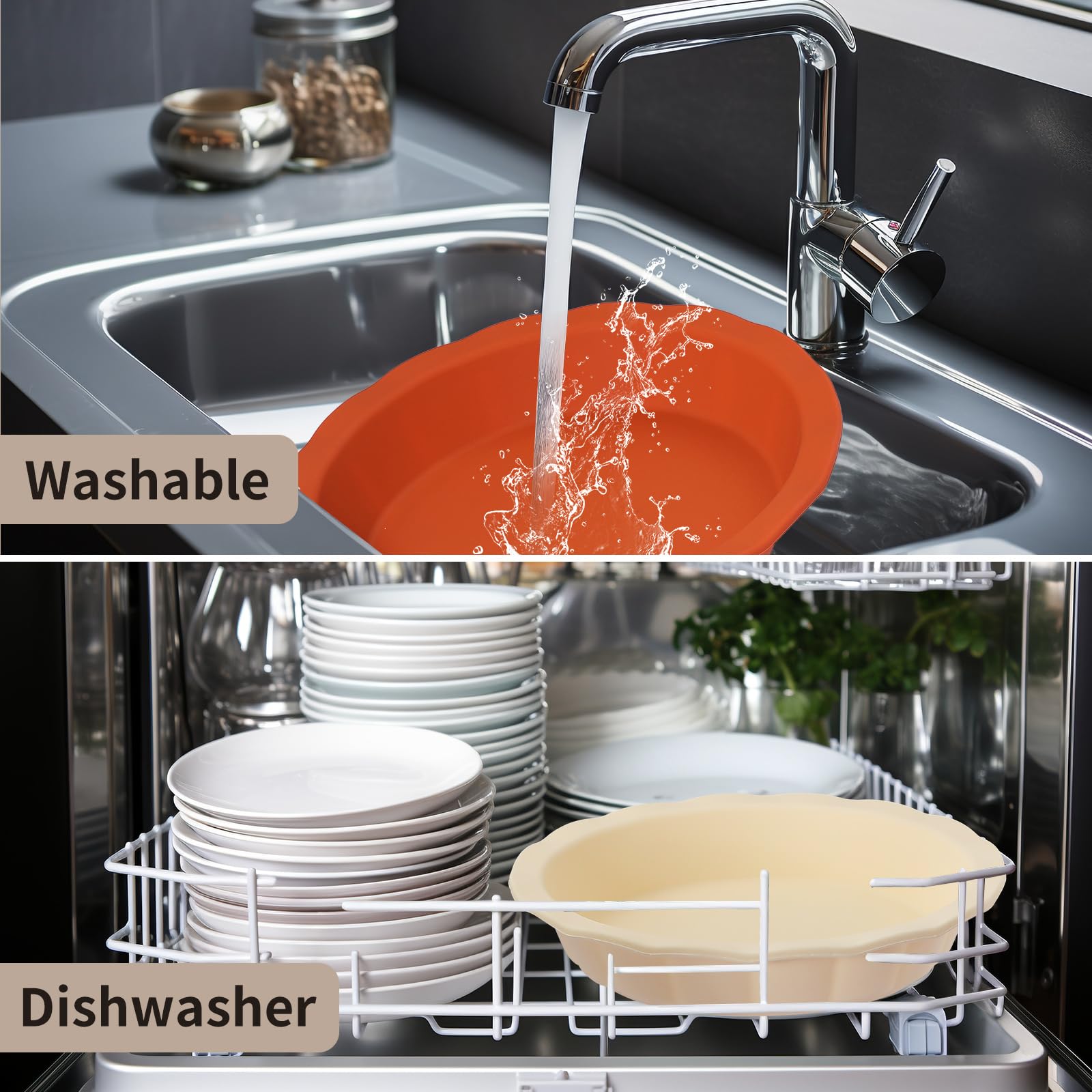 9-Inch Silicone Pie Pans for Baking - Dishwasher & Microwave Safe with Corrugated Edge (Red & Beige) | Perfect for Thanksgiving, Christmas Desserts & Family Baking