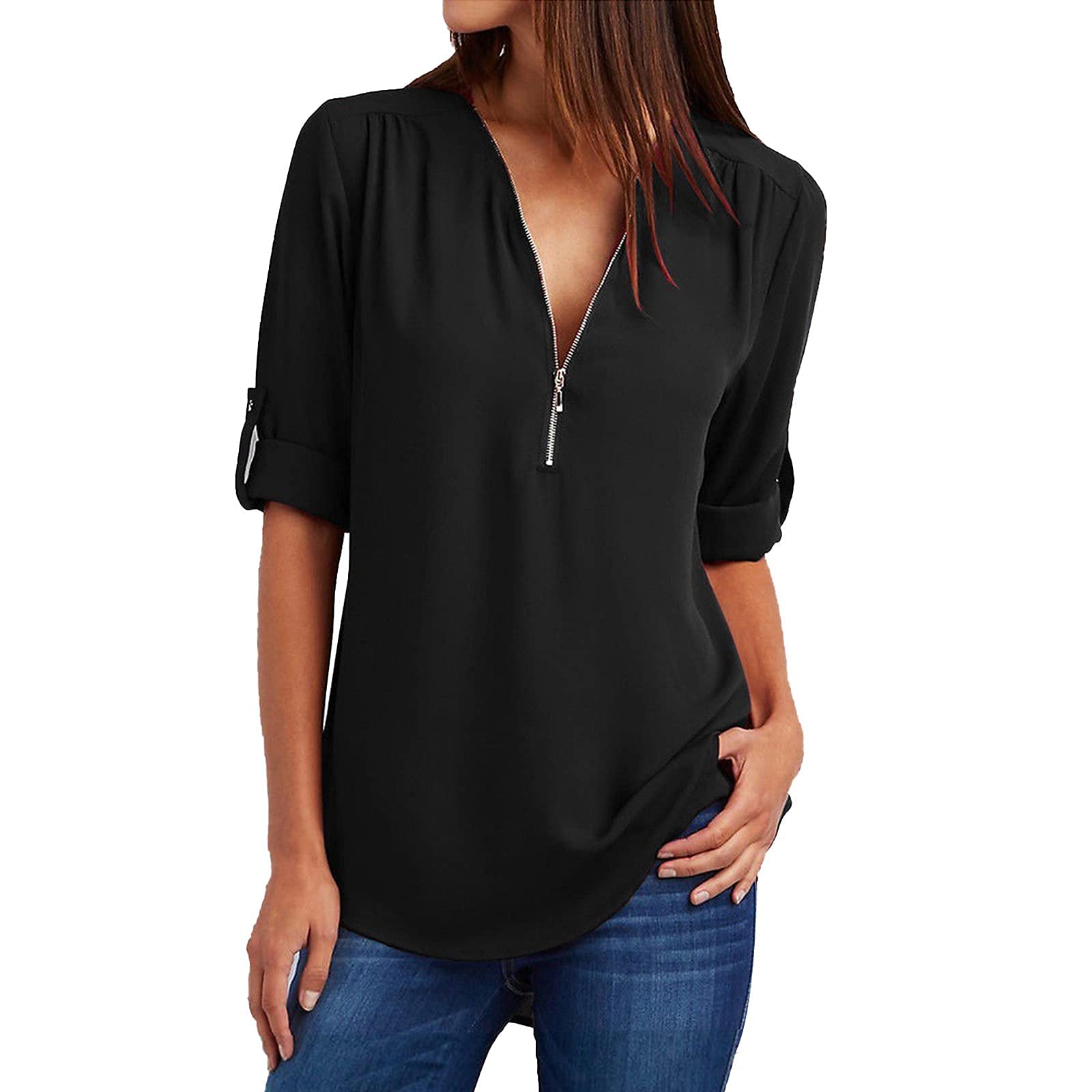 Women's Summer Tops - Zip V-Neck Roll-Up Sleeve Casual T-Shirt | Breathable Vacation Tunic for Beach, Travel & Everyday Wear