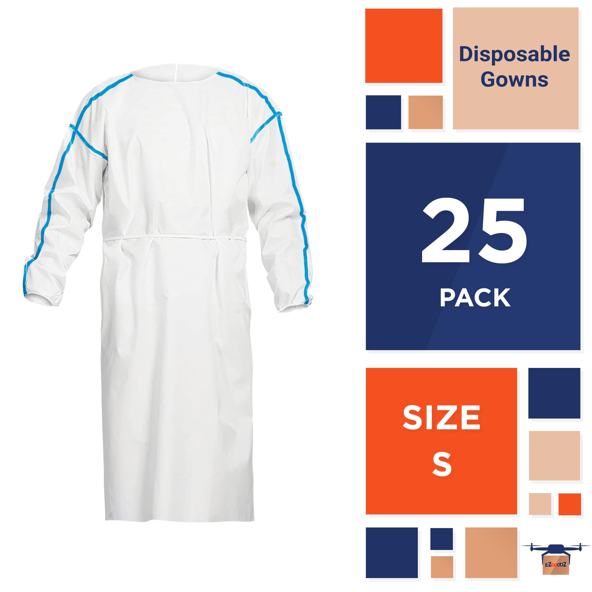 Disposable Hospital Gowns with Sleeves - 25 Pack Small Size PPE Medical Isolation Gowns, 50 GSM Microporous Protective Wear for Men & Women (Elastic Wrists, Waist & Neck Ties) - Ideal for Healthcare Workers, Nursing Homes & Emergency Medical Use