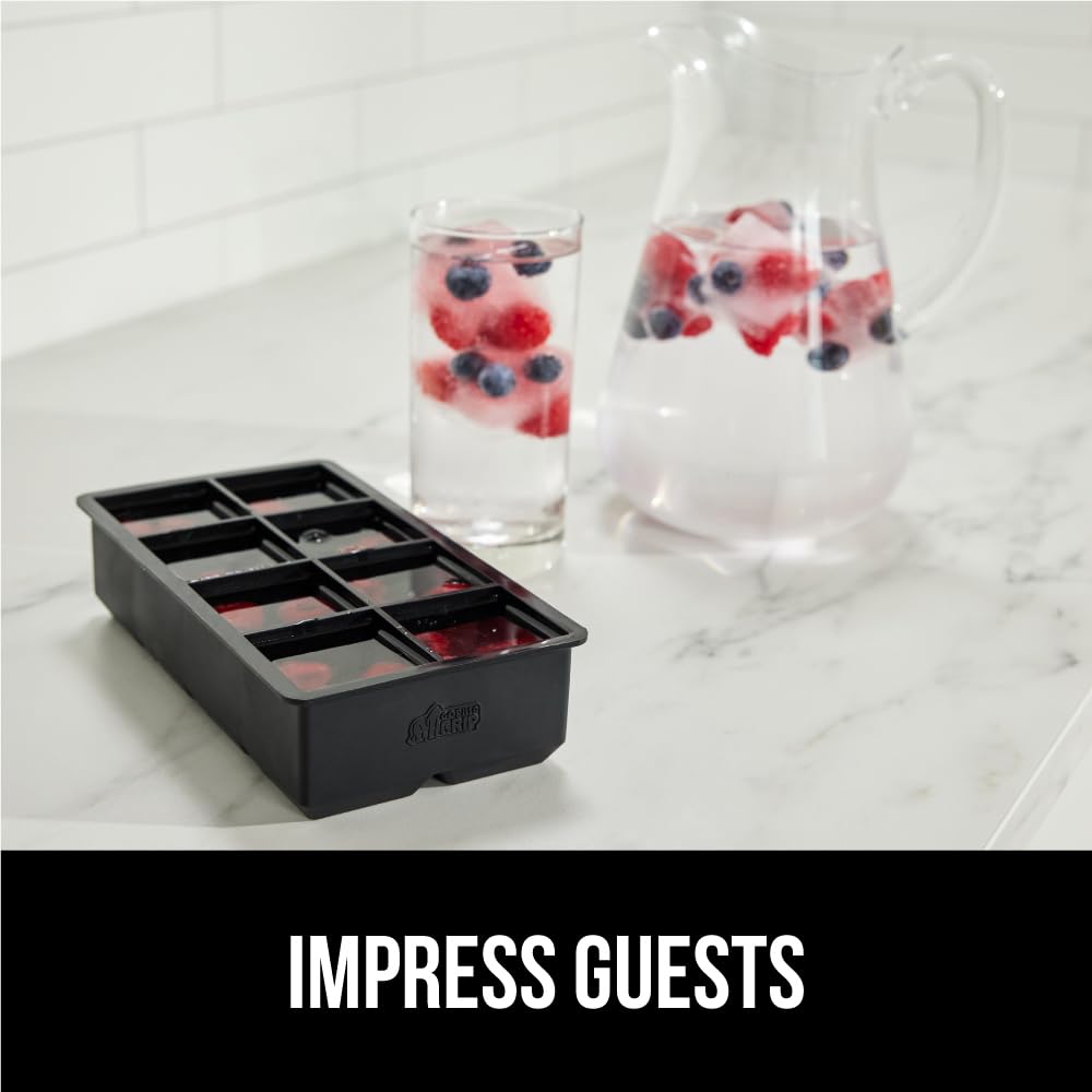 GORILLA GRIP Large Silicone Ice Cube Tray for Freezer - 2 Pack Stackable with Lid, Easy Release Mold for 8 Giant Square Slow-Melting Ice Cubes - Perfect for Whiskey, Iced Coffee & Cocktails - Essential Bar & Kitchen Accessory (Black)