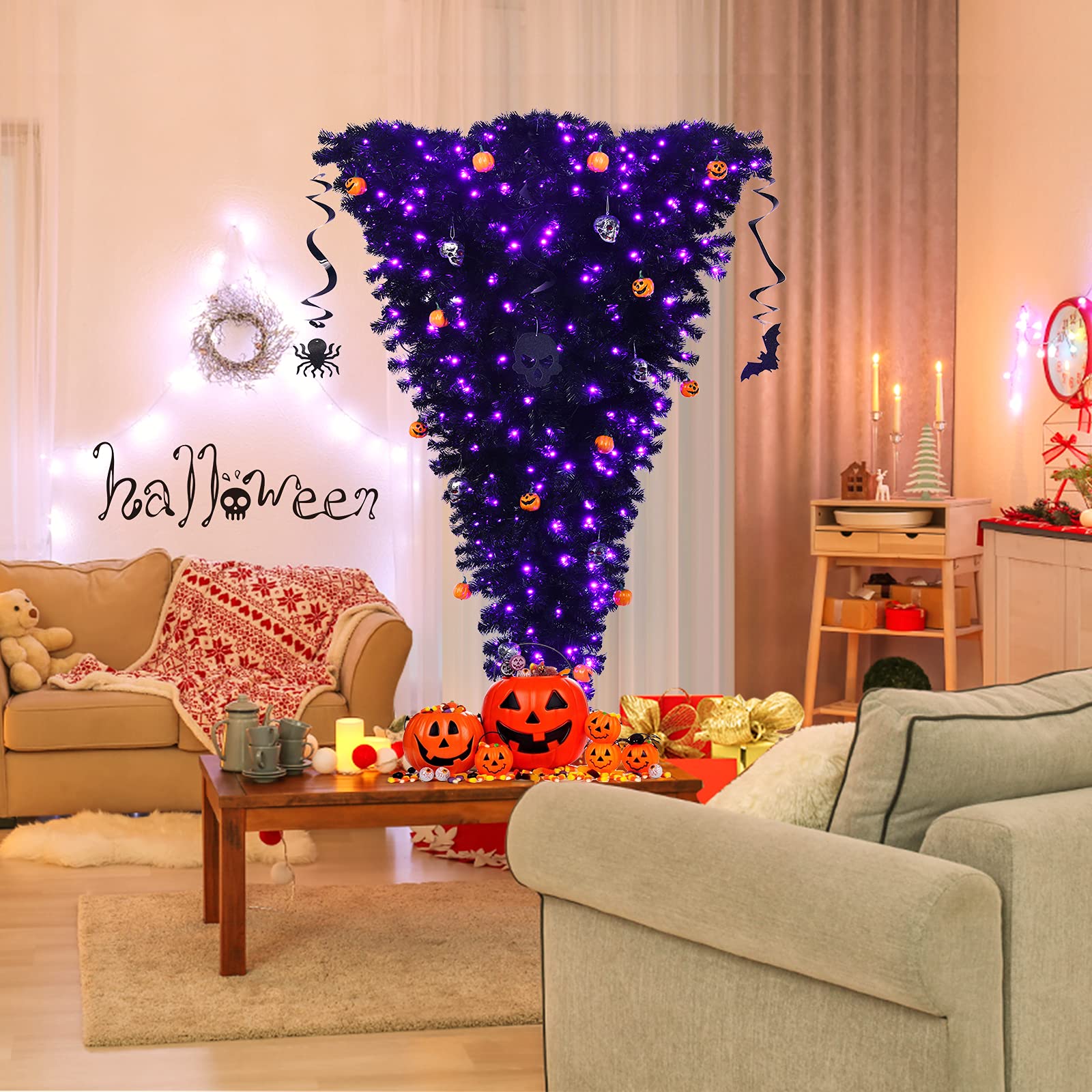 Goplus 6ft Pre-lit Upside Down Christmas Tree with 270 Purple LED Lights - Artificial Black Halloween Tree with Hinged Branches & Decorations - Unique Inverted Xmas Pine Tree for Holiday, Carnival, Party, Home & Office Decor