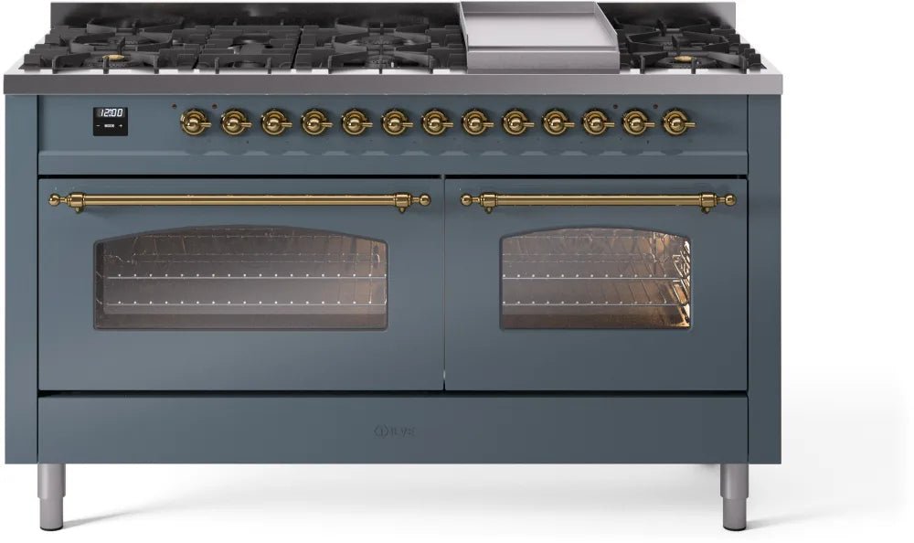 ILVE Nostalgie II 60-Inch Dual Fuel Natural Gas Range - Blue Grey with Brass Trim (UP60FNMPBGG) | Professional Kitchen Appliance for Home Chefs & Cooking Enthusiasts