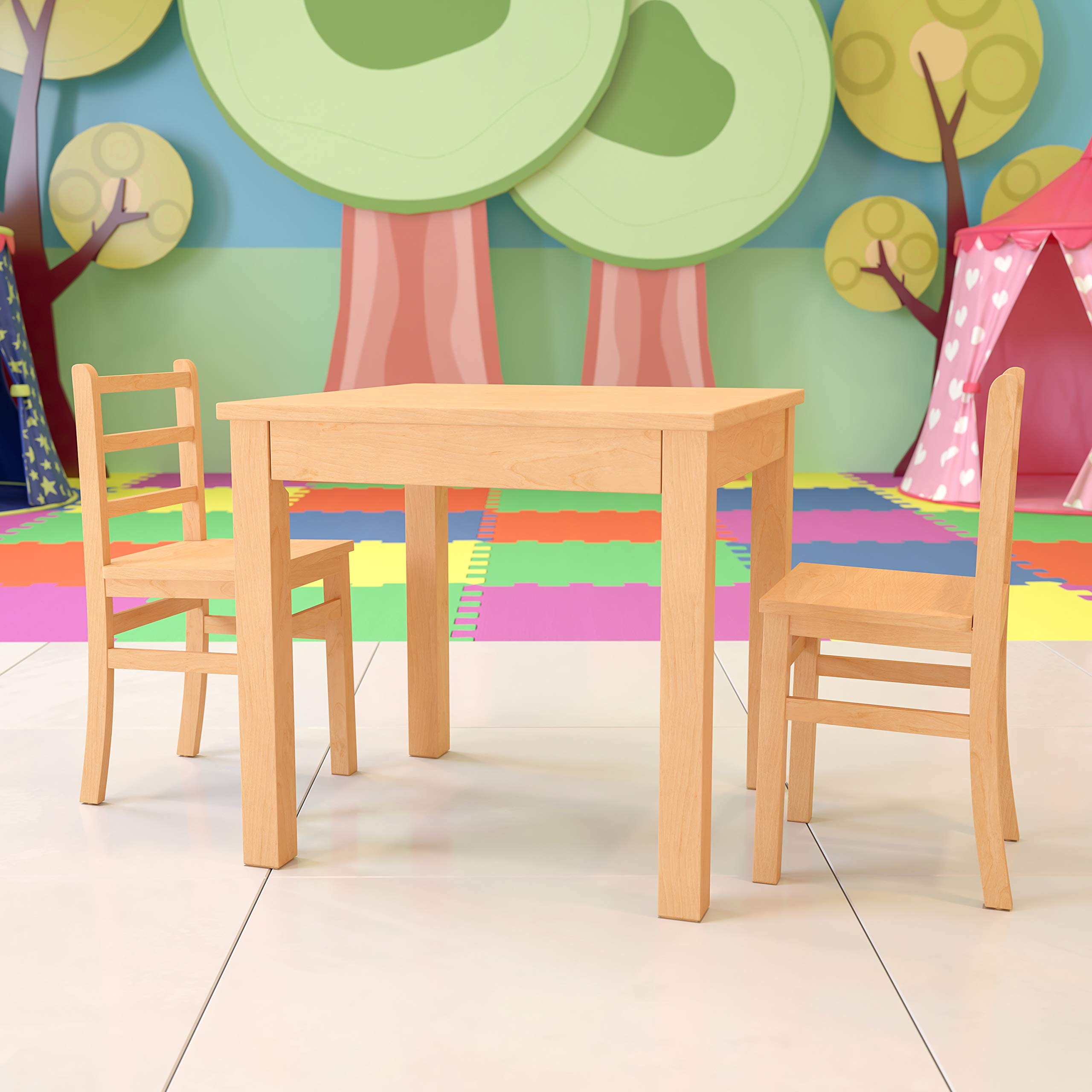 EMMA + OLIVER Kids Natural Solid Wood Table and Chair Set - Durable Wooden Children's Furniture for Classroom, Playroom, Kitchen & Homeschooling - Perfect for Learning, Arts & Crafts, and Snack Time