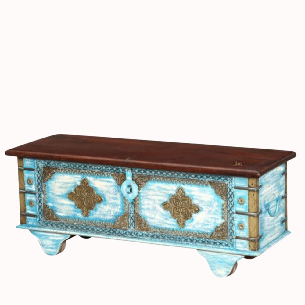 Handmade Mango Wood Storage Trunk with Embossed Design - Multifunctional Coffee Table & Decorative Storage Box (Light Blue Distress Finish) - Perfect for Living Room, Bedroom & Home Decor