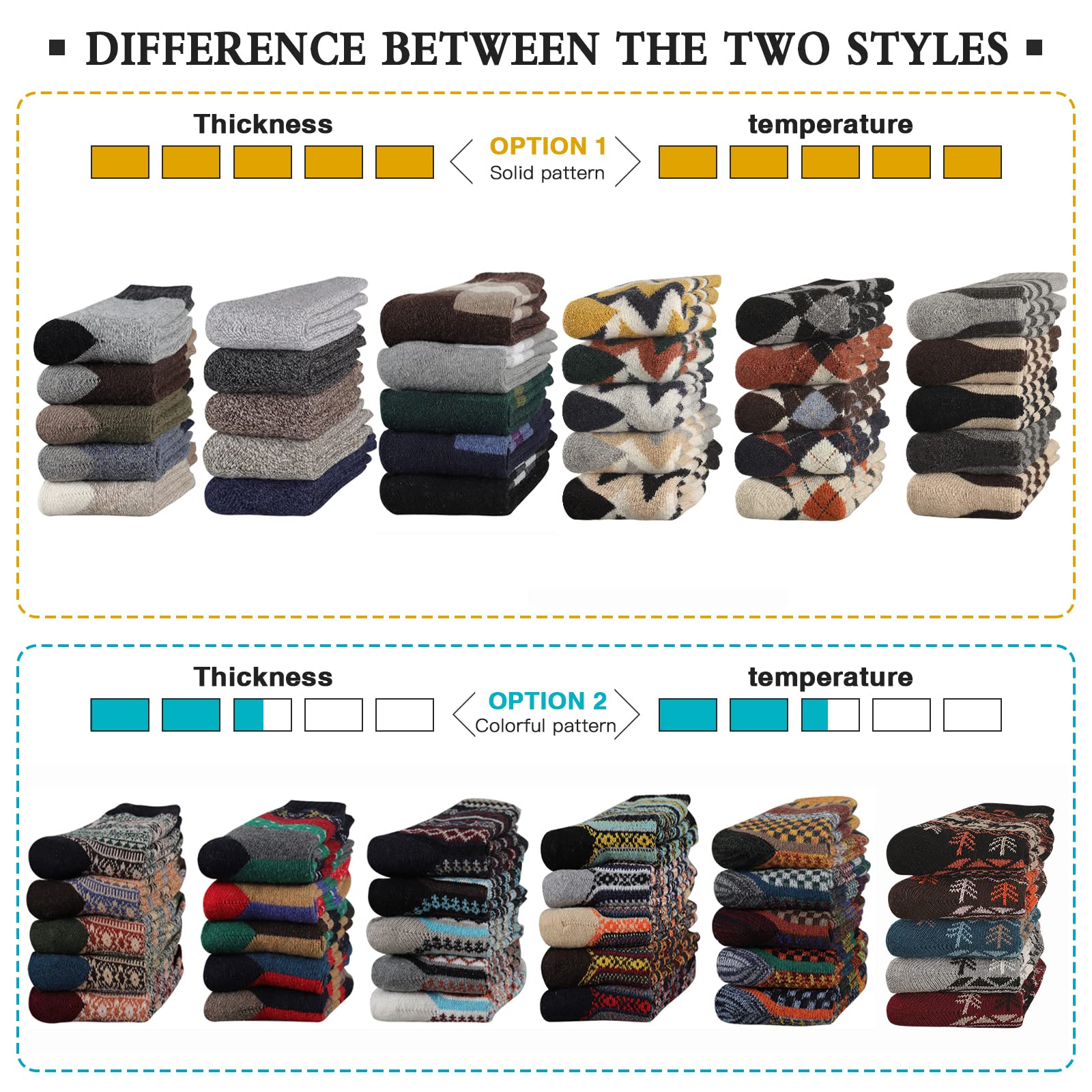 Heatuff Men's Thick Wool Socks - Thermal Winter Crew Socks (5 Pairs, Multicolor) for Hiking, Skiing & Cold Weather Outdoor Activities
