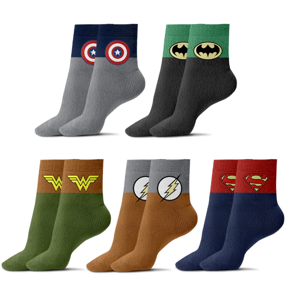 MOYEE Superhero Kids Socks for Boys & Girls - 5 Pairs Cartoon Character Socks with Cute Hero Designs - Comfortable Cotton Socks for School, Play & Cosplay Costumes