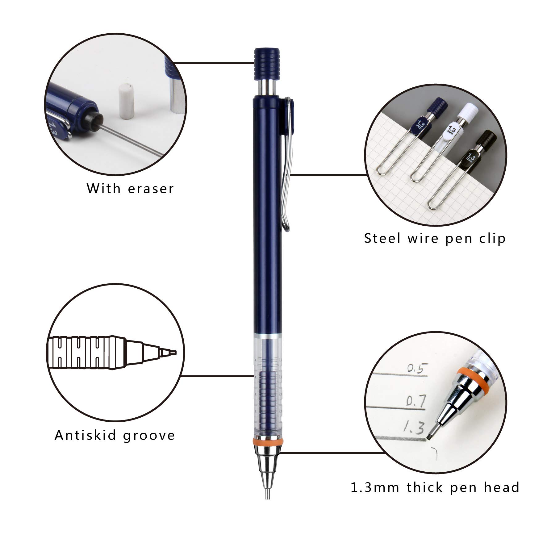 1.3mm HB Mechanical Pencils with Refills & Erasers - Durable Lead, Comfortable Grip for Smooth Writing - Perfect for School, Office & Sketching
