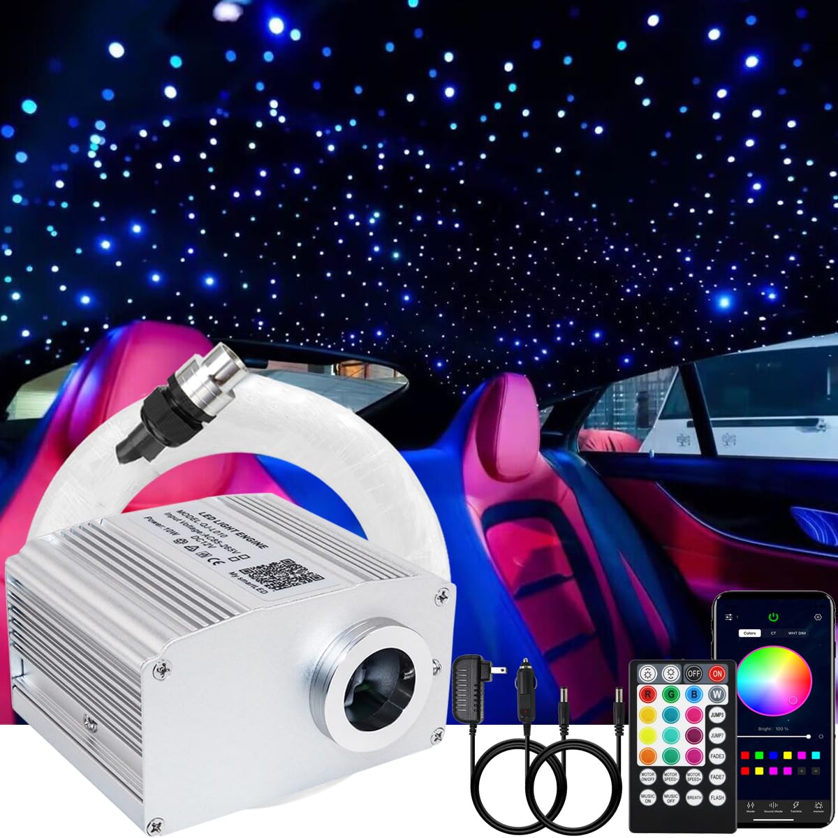 AMKI Bluetooth 10W Twinkle Fiber Optic Light Kit - 460pcs RGBW Starlight with 9.8ft Optical Cable (0.03in/0.04in/0.06in) for Car Headliner & Home Ceiling Decor - APP/Remote Control, Sound Activated - Perfect for Bedroom, Party, and DIY Lighting Projects