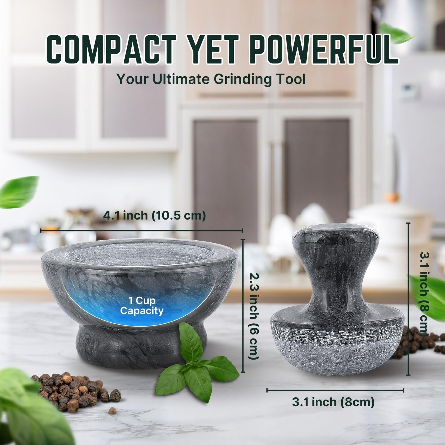 Premium 4-Inch Marble Mortar and Pestle Set - Black Stone Spice Grinder for Herbs, Pills & Seasonings - 1/2 Cup Capacity - Perfect for Kitchen, Apothecary & DIY Essential Oil Blending