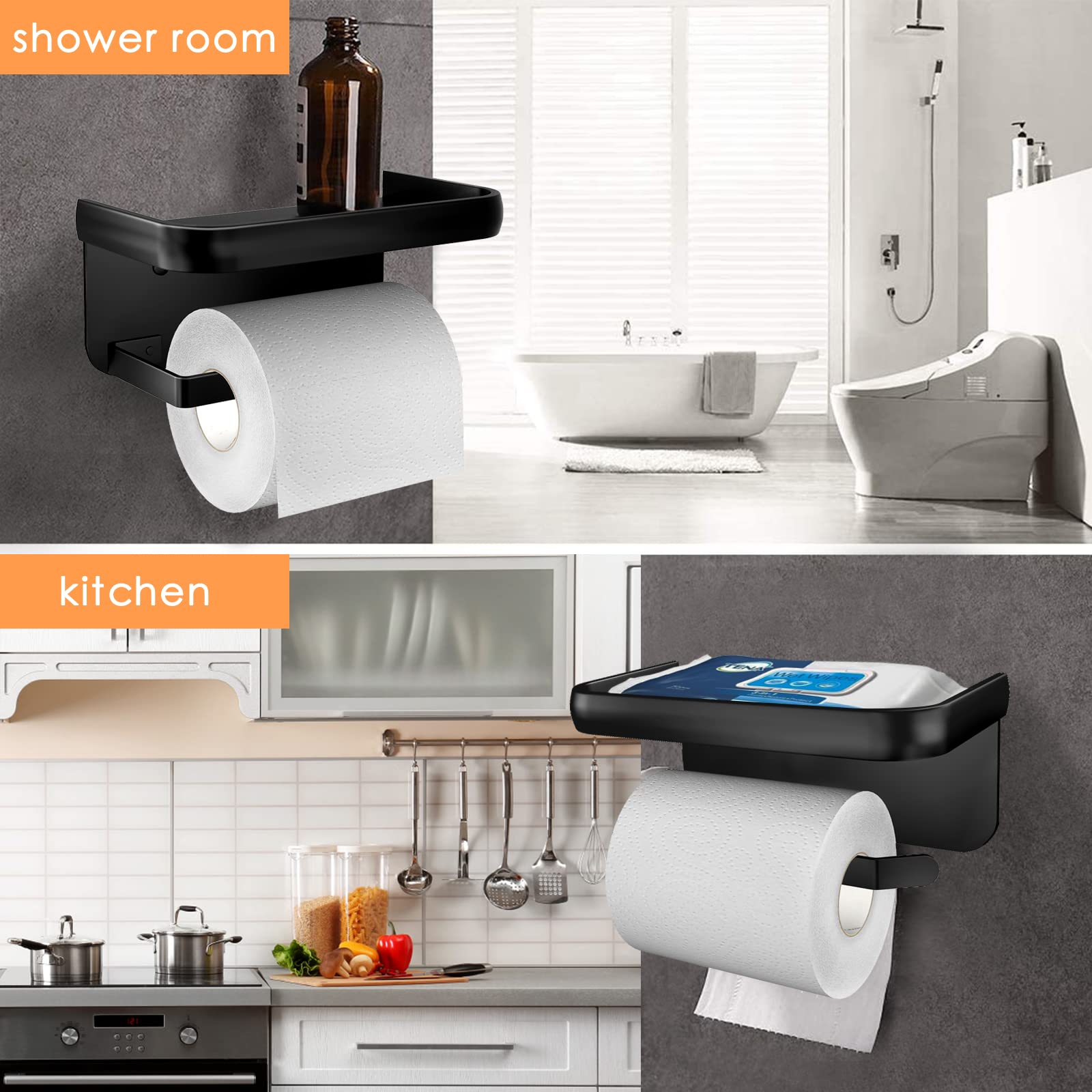 SVOPY Adhesive Toilet Paper Holder with Shelf - Stainless Steel 304, Black Wall-Mounted Bathroom Tissue Roll Holder with Screws for Secure Installation | Perfect for Small Bathrooms, Powder Rooms & RVs