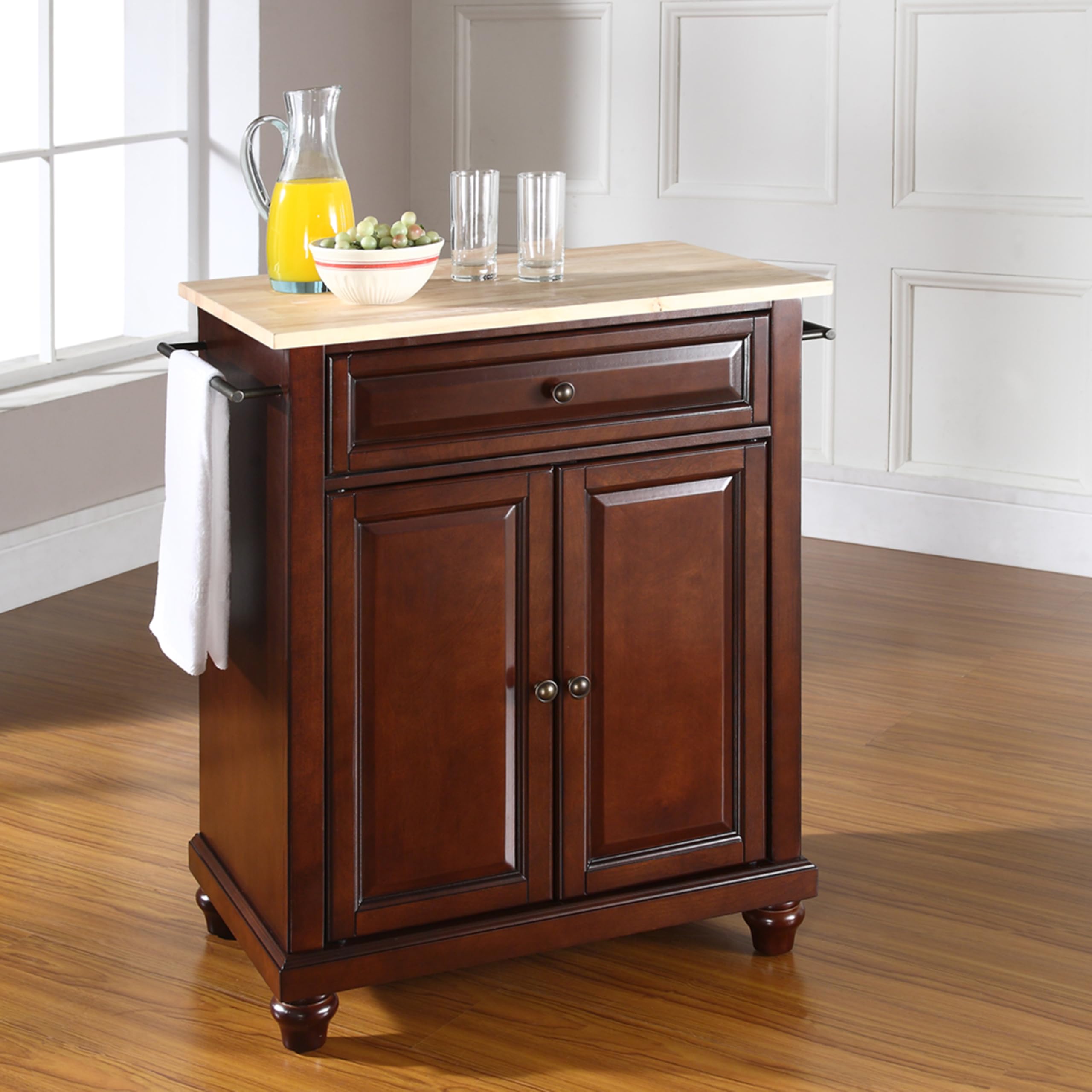 Crosley Cambridge Wood Top Portable Kitchen Island Cart with Wheels - Microwave Stand, Storage Cabinet, Mahogany Finish - Perfect for Small Kitchens, Apartments & Dorm Rooms