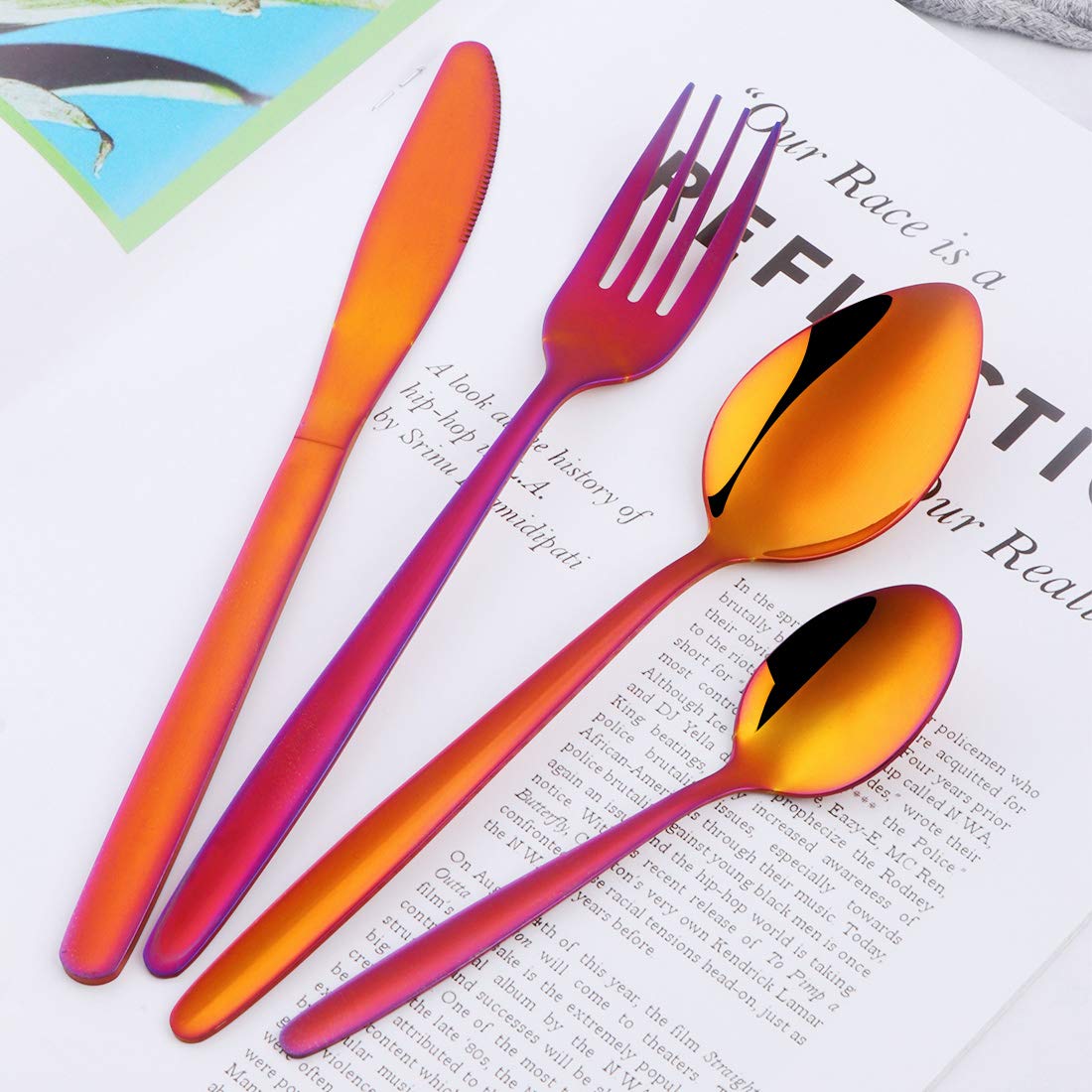 Rainbow Red Silverware Set - BuyGo 24-Piece Stainless Steel Flatware Set for 6 People | Camping, Picnic, Outdoor & Home Dining | Dishwasher Safe & Hand Polish Finish | Durable Dinnerware Cutlery Set for Restaurants, Parties & Everyday Use