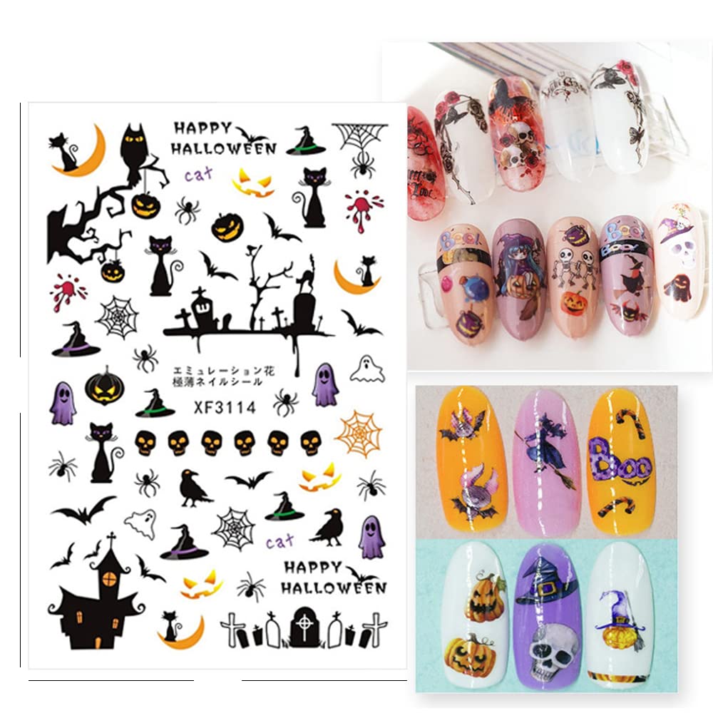 5D Halloween Nail Art Stickers Kit - 2 Sheets 3D & 4 Sheets 2D Nail Decals with Flame, Moon, Eyes, Snake Designs for Halloween Party Nails - Perfect for Costume Parties, Trick or Treating & Spooky Nail Art