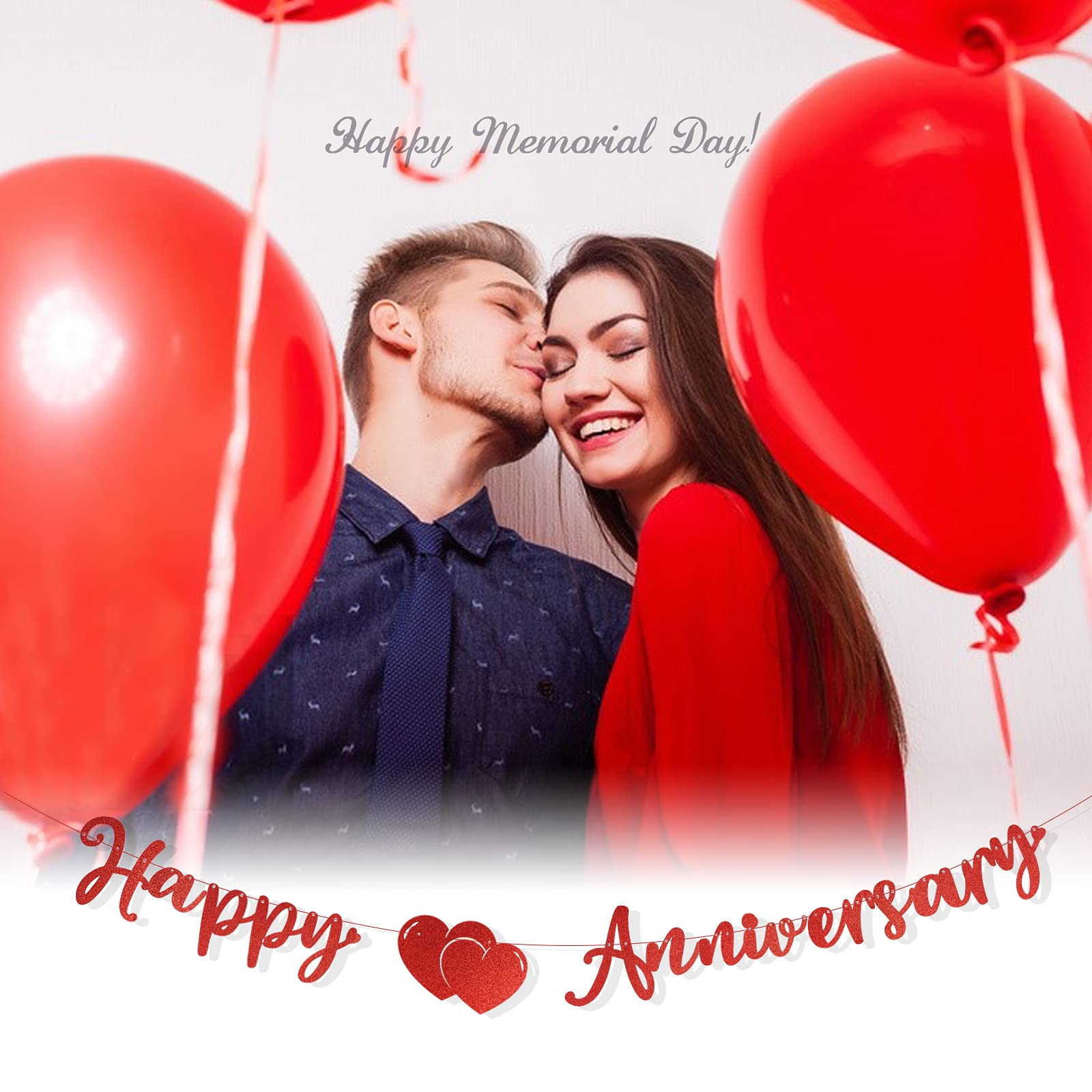 BETESSIN Happy Anniversary Banner - Glitter Paper Garland Bunting with Red Heart Photo Props for Wedding & Anniversary Decorations - Perfect for Party, Ceremony & Romantic Events - Red