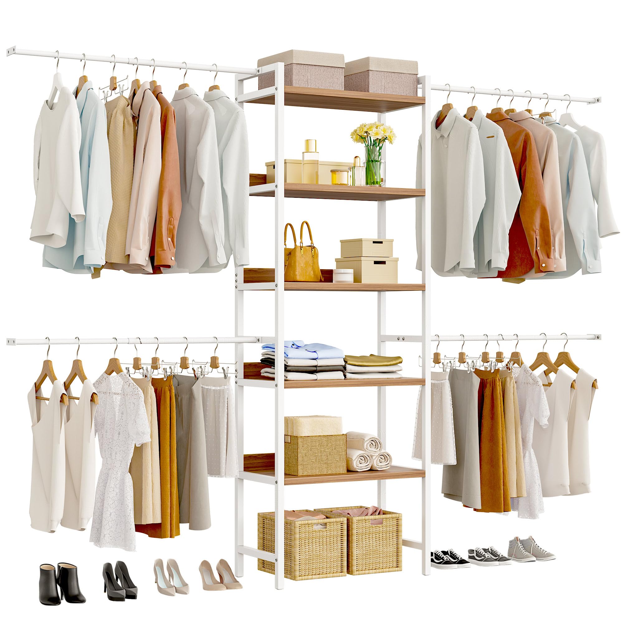 DWVO Heavy Duty Adjustable Closet Organizer System - 4 Expandable Hanger Rods & 5-Tier Wood Shelves with Backboard for Walk-In Closets, Bedrooms (Fits 6-9 ft Spaces) - Perfect for Closet Organization, Garment Storage & Home Decor
