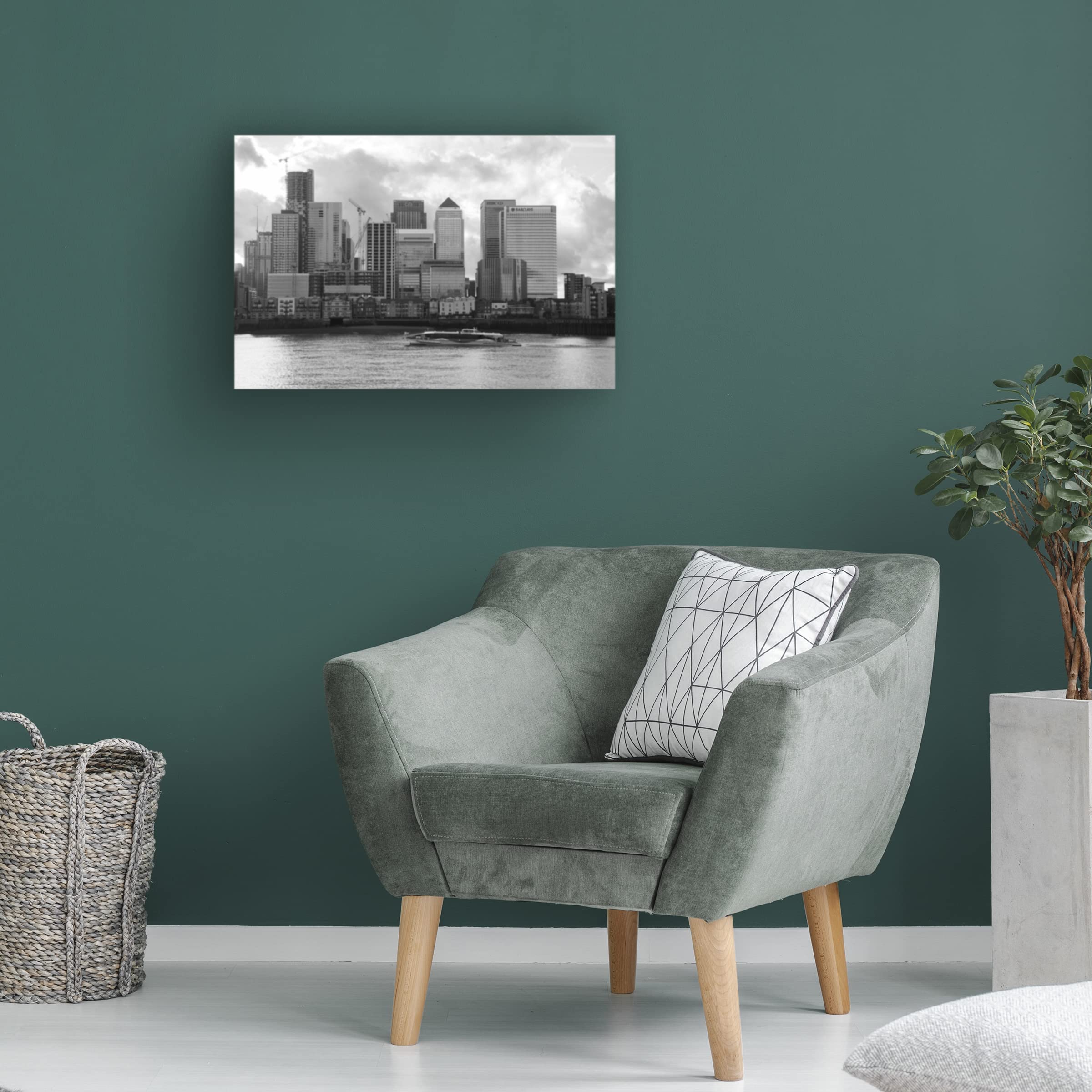 Claire Doherty 'Canary Wharf River View' Canvas Wall Art Print - Modern Office & Living Room Decor - Waterfront Cityscape Painting for Home & Business Interiors