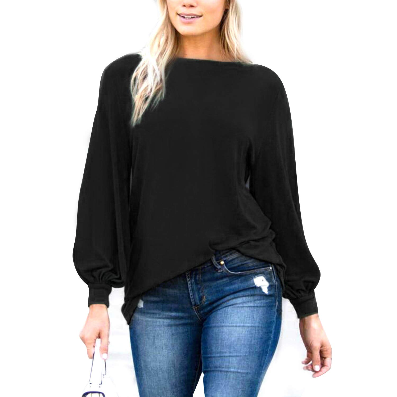 MAKARTHY Women's Long Sleeve Tunic Top - Puff Sleeve Boat Neck Blouse for Casual Wear, Office & Date Night Outfits | Soft & Comfortable T-Shirt Style Tops for Women