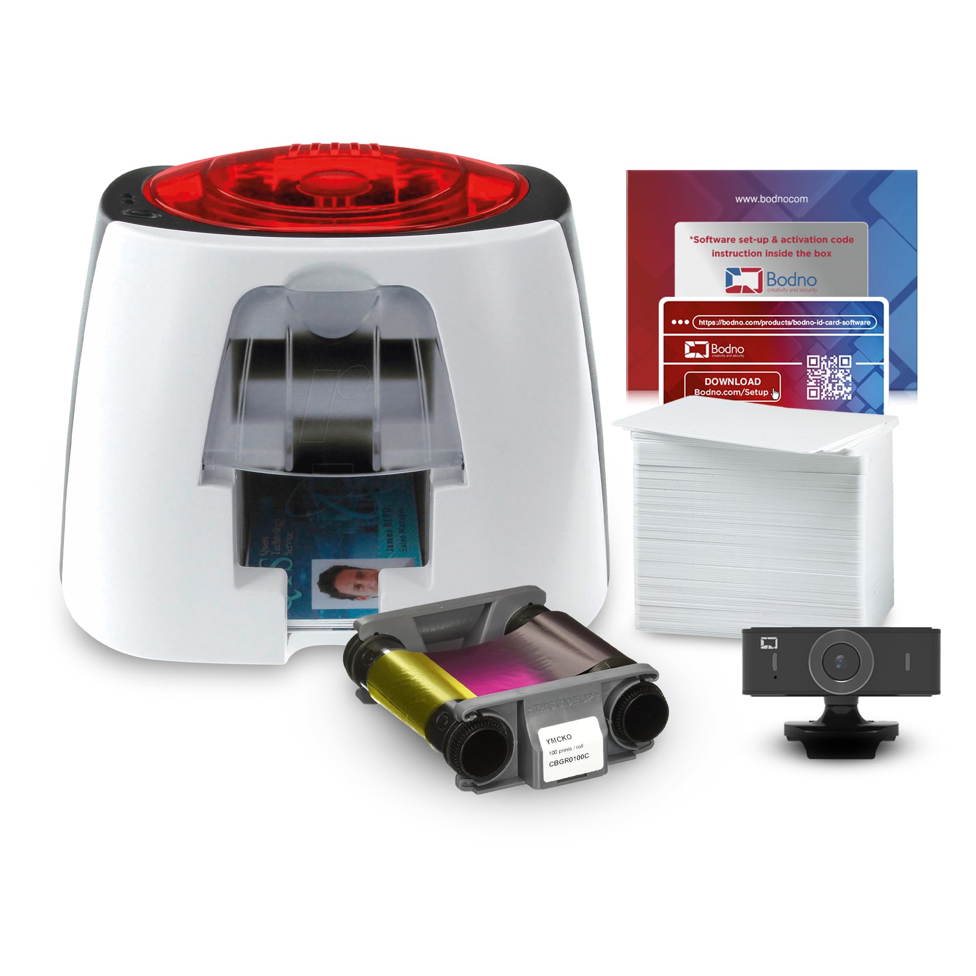 Badgy100 Color Plastic ID Card Printer with Complete Supplies Kit - Includes Photo ID Camera & Bodno ID Software (Silver Edition) for Schools, Offices & Events