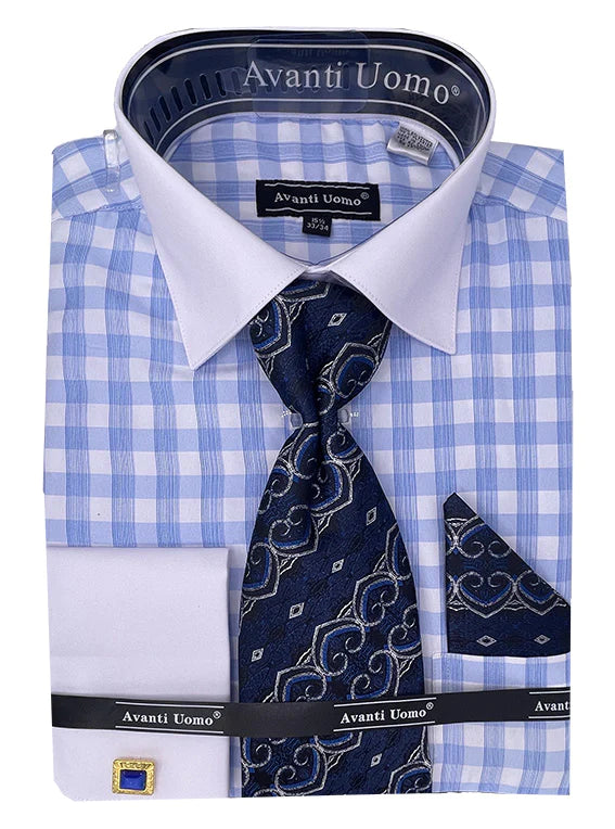 Stylish Light Blue Check Dress Shirt with Cuff - Premium Cotton Formal Wear for Men | Perfect for Office, Business Meetings & Special Occasions