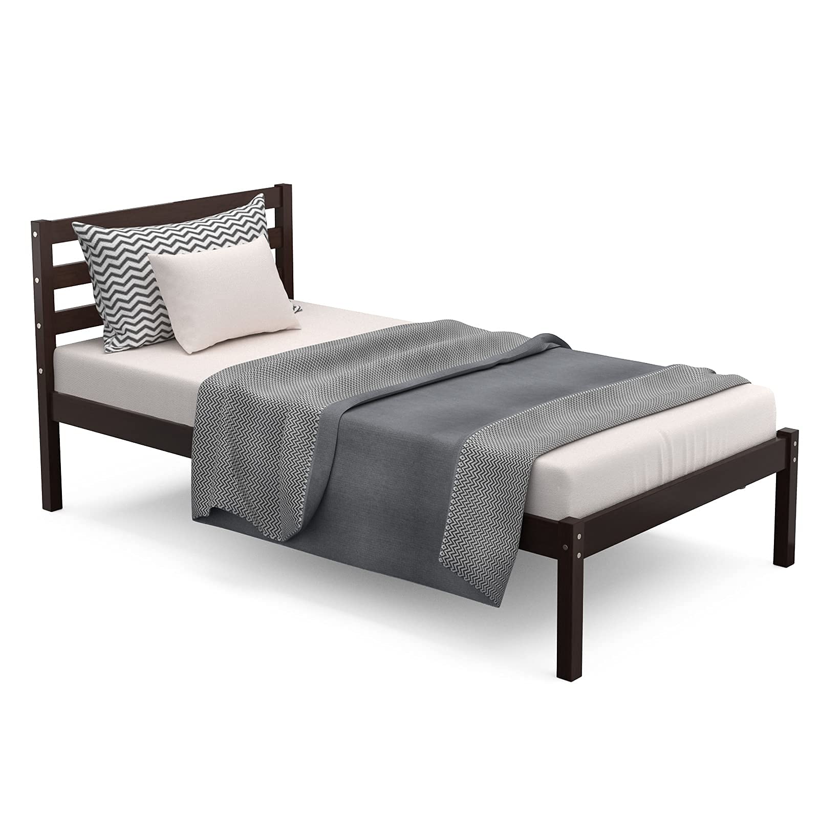 Giantex Solid Wood Platform Bed Frame with Paneled Headboard - Wood Slat Support, No Box Spring Needed - Twin Size Espresso Finish Mattress Foundation for Bedroom, Guest Room & Dormitory