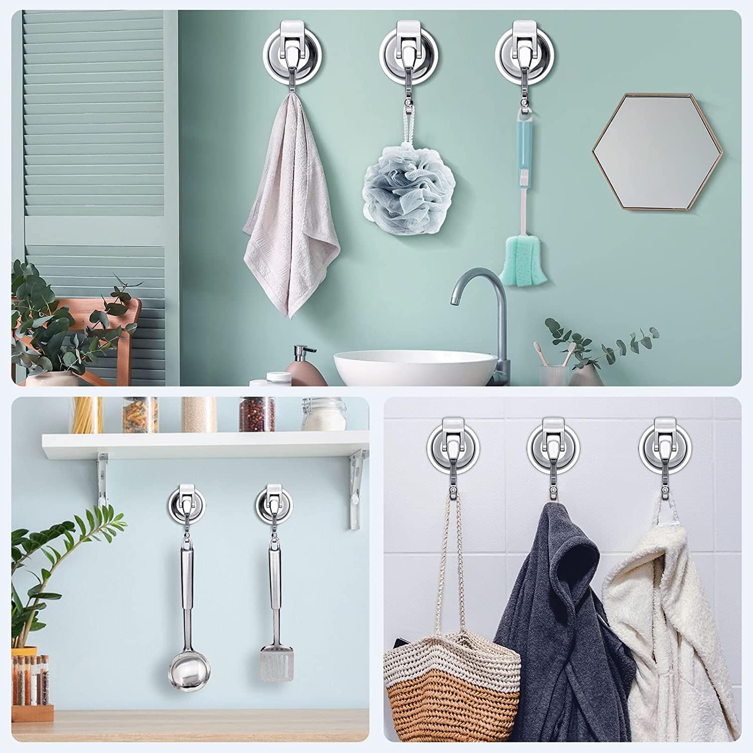 Premium Heavy Duty Vacuum Suction Cup Hooks - Silver Plated Polished Super Strong Hold for Kitchen, Bathroom, Shower (1 Pack) - Perfect for Hanging Towels, Robes, Utensils & Decor