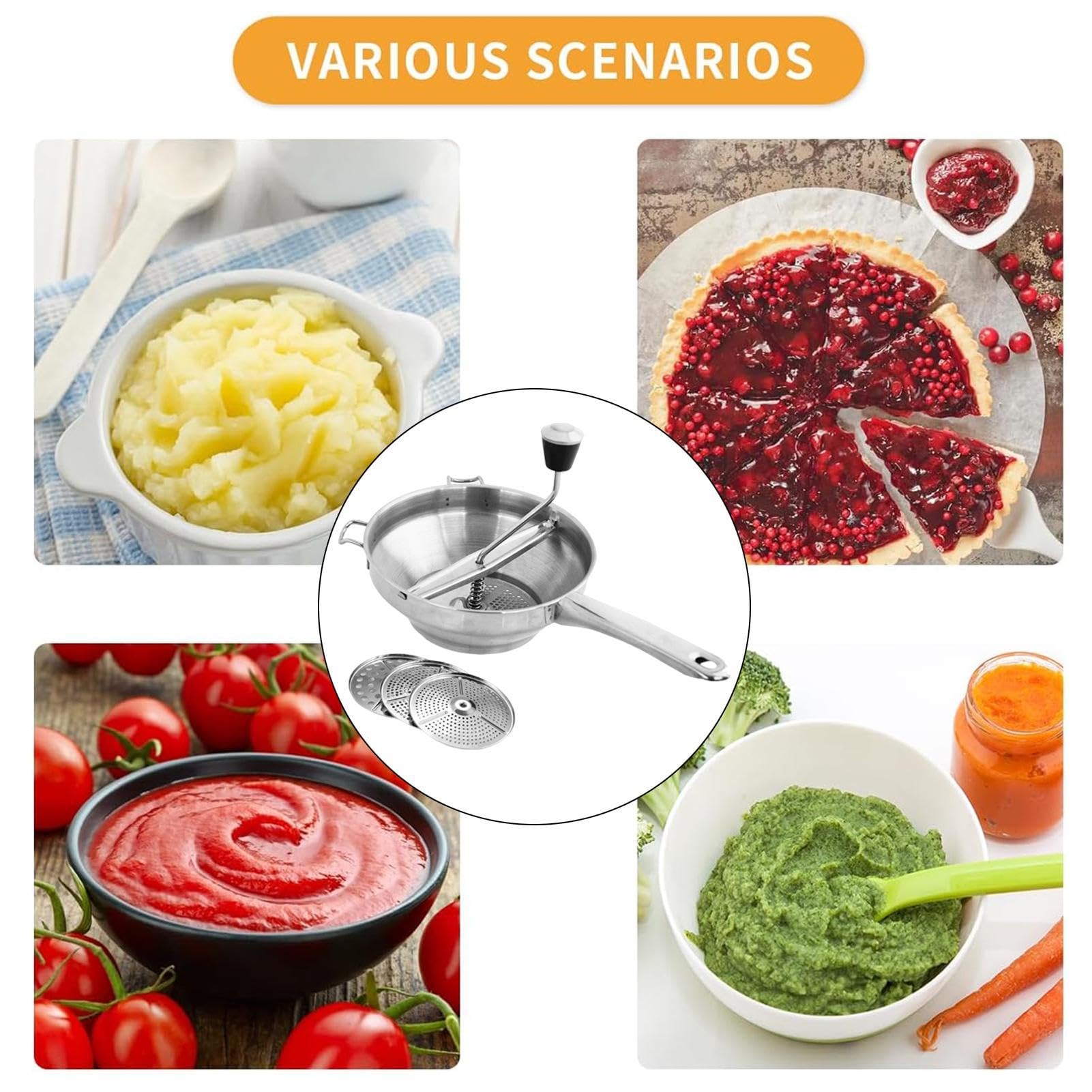Premium Stainless Steel Food Mill with 3 Interchangeable Discs - Manual Hand Crank for Tomato Sauce, Apple Puree, Mashed Potatoes, Jams & Baby Food - Perfect for Home Canning, Cooking & Meal Prep