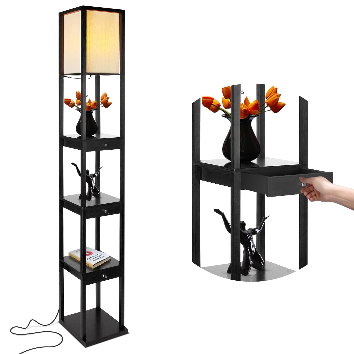 Brightech Maxwell Drawer Edition - Modern Shelf Floor Lamp with Storage Drawer - Corner Display Floor Lamp with Shelves for Living Room, Bedroom & Office - Black - Perfect for Reading Nook, Home Decor & Workspace Lighting